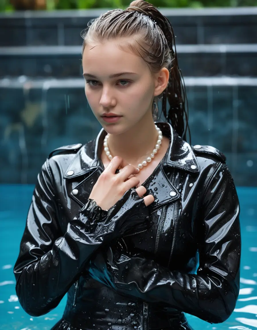 photo of young woman, in soaking wet, drenched clothes,
black leather boots, short black skirt, slim fit black biker leatherjacket,  tight sexy tshirt with wide neckline, handbag, pearl necklace, Fifteen years old horny blonde teenage girl with her Friends holds her hand over her mouth and nose half submerged into water at the edge of the private indoor swimming pool, 
enjoying, wet clothes stuck to body,
detailed textures of the wet clothes, wet face, wet plastered hair,
wet, drenched, professional, high-quality details, full body view.
sharp focus, ultra-high pixel detail, realistic, high-quality, full colors, incredibly detailed, 4k, 8k, 16k, hyper-realistic, RAW photo, masterpiece, ultra-detailed, professionally color graded, professional photograph, Fifteen years old, completely soaked, completely dripping wet from head to toe, very wet clothes, sleek long straight hair, sleek bun, worried and embarrassed facial expression, slight yawn, moaning,  all girls wear different styles of clothes, she takes her handbag with her in the water, a lot of people stands in the background, close-up, view from above, highly realistic representation, ultra sharp focus, highly photorealistic detailed facial features and expressions, highly photorealistic hands, highly best quality, highly sharp photorealistic image, highly photorealistic details, highest photorealistic wet clothes, full UHD resolution, highest photorealistic sharpness of the image, 32 K