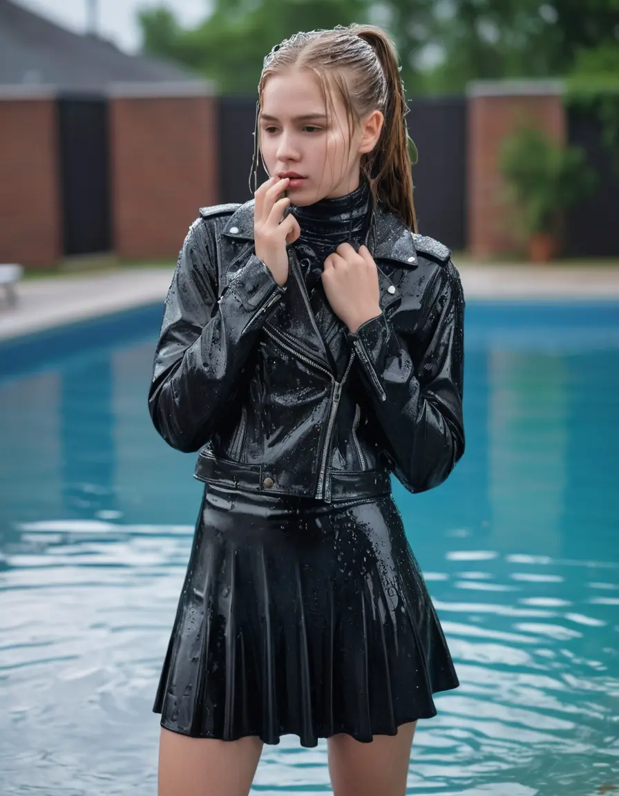 photo of young woman, in soaking wet, drenched clothes,
black leather boots, short black skirt, slim fit black biker leatherjacket,  tight grey turtleneck sweater, handbag, pearl necklace, Fifteen years old horny blonde teenage girl with her Friends holds her hand over her mouth and nose jumps into water at the edge of the crowded public swimming pool at a pool party, 
enjoying, wet clothes stuck to body,
detailed textures of the wet clothes, wet face, wet plastered hair,
wet, drenched, professional, high-quality details, full body view.
sharp focus, ultra-high pixel detail, realistic, high-quality, full colors, incredibly detailed, 4k, 8k, 16k, hyper-realistic, RAW photo, masterpiece, ultra-detailed, professionally color graded, professional photograph, Fifteen years old, completely soaked, completely dripping wet from head to toe, very wet clothes, sleek long straight hair, ponytail, worried and embarrassed facial expression, slight yawn, moaning,  all girls wear different styles of clothes, she takes her handbag with her in the water, a lot of people stands in the background, close-up, view from above, highly realistic representation, ultra sharp focus, highly photorealistic detailed facial features and expressions, highly photorealistic hands, highly best quality, highly sharp photorealistic image, highly photorealistic details, highest photorealistic wet clothes, full UHD resolution, highest photorealistic sharpness of the image, 32 K