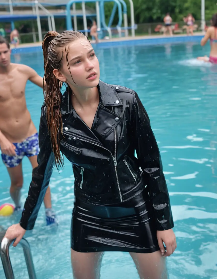 photo of young woman, in soaking wet, drenched clothes,
black leather boots, short black skirt, slim fit black biker leatherjacket,  tight sexy tshirt with wide neckline, handbag, pearl necklace, Fifteen years old horny blonde teenage girl with her Friends holds her hand over her mouth and nose sits into water at the edge of the crowded swimming pool at a waterpark, 
enjoying, wet clothes stuck to body,
detailed textures of the wet clothes, wet face, wet plastered hair,
wet, drenched, professional, high-quality details, full body view.
sharp focus, ultra-high pixel detail, realistic, high-quality, full colors, incredibly detailed, 4k, 8k, 16k, hyper-realistic, RAW photo, masterpiece, ultra-detailed, professionally color graded, professional photograph, Fifteen years old, completely soaked, completely dripping wet from head to toe, very wet clothes, sleek long straight hair, ponytail, worried and embarrassed facial expression, slight yawn, moaning,  all girls wear different styles of clothes, she takes her handbag with her in the water, a lot of people stands in the background, close-up, view from above, highly realistic representation, ultra sharp focus, highly photorealistic detailed facial features and expressions, highly photorealistic hands, highly best quality, highly sharp photorealistic image, highly photorealistic details, highest photorealistic wet clothes, full UHD resolution, highest photorealistic sharpness of the image, 32 K