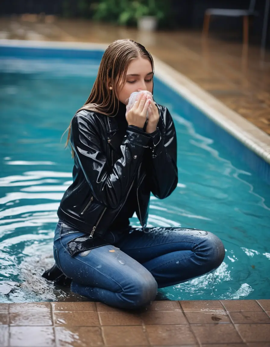 photo of young woman, in soaking wet, drenched clothes,
ankle boots, super skin tight denim jeans, slim fit black biker leatherjacket, tight white knit turtleneck sweater, handbag, pearl necklace, Fifteen years old blonde teenage girl with her Friends holds her hand over her mouth and nose steps into water half submerged at the edge of the swimming pool, 
enjoying, wet clothes stuck to body,
detailed textures of the wet clothes, wet face, wet plastered hair,
wet, drenched, professional, high-quality details, full body view.
sharp focus, ultra-high pixel detail, realistic, high-quality, full colors, incredibly detailed, 4k, 8k, 16k, hyper-realistic, RAW photo, masterpiece, ultra-detailed, professionally color graded, professional photograph, Fifteen years old, completely soaked, completely dripping wet from head to toe, very wet clothes, sleek long straight hair, worried and embarrassed facial expression, slight yawn, moaning,  all girls wear different styles of clothes, she takes her handbag with her in the water, a lot of people stands in the background, close-up, view from above, highly realistic representation, ultra sharp focus, highly photorealistic detailed facial features and expressions, highly photorealistic hands, highly best quality, highly sharp photorealistic image, highly photorealistic details, highest photorealistic wet clothes, full UHD resolution, highest photorealistic sharpness of the image, 32 K