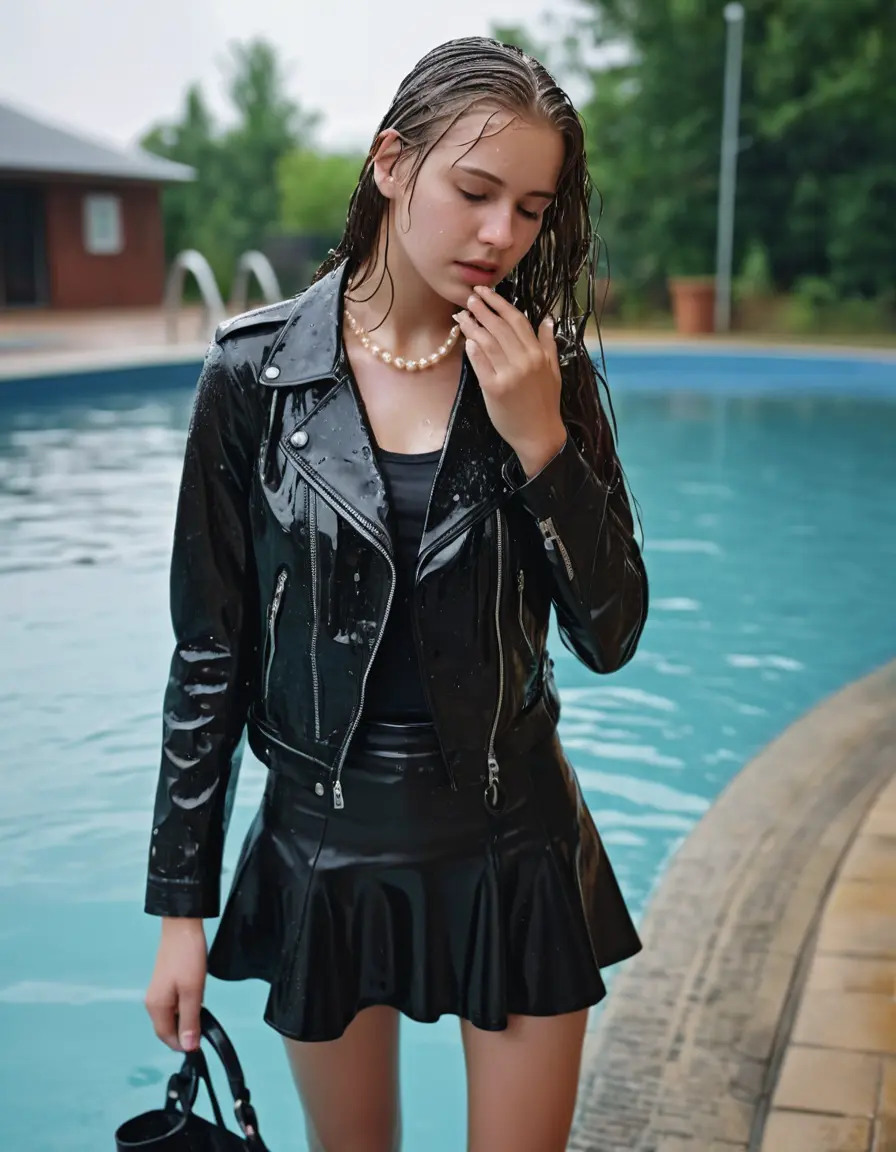 photo of young woman, in soaking wet, drenched clothes,
ankle boots, short black skirt, slim fit black biker leatherjacket,  tight sexy tshirt with wide neckline, handbag, pearl necklace, Fifteen years old horny blonde teenage girl with her Friends holds her hand over her mouth and nose steps into water half submerged at the edge of the swimming pool, 
enjoying, wet clothes stuck to body,
detailed textures of the wet clothes, wet face, wet plastered hair,
wet, drenched, professional, high-quality details, full body view.
sharp focus, ultra-high pixel detail, realistic, high-quality, full colors, incredibly detailed, 4k, 8k, 16k, hyper-realistic, RAW photo, masterpiece, ultra-detailed, professionally color graded, professional photograph, Fifteen years old, completely soaked, completely dripping wet from head to toe, very wet clothes, sleek long straight hair, worried and embarrassed facial expression, slight yawn, moaning,  all girls wear different styles of clothes, she takes her handbag with her in the water, a lot of people stands in the background, close-up, view from above, highly realistic representation, ultra sharp focus, highly photorealistic detailed facial features and expressions, highly photorealistic hands, highly best quality, highly sharp photorealistic image, highly photorealistic details, highest photorealistic wet clothes, full UHD resolution, highest photorealistic sharpness of the image, 32 K