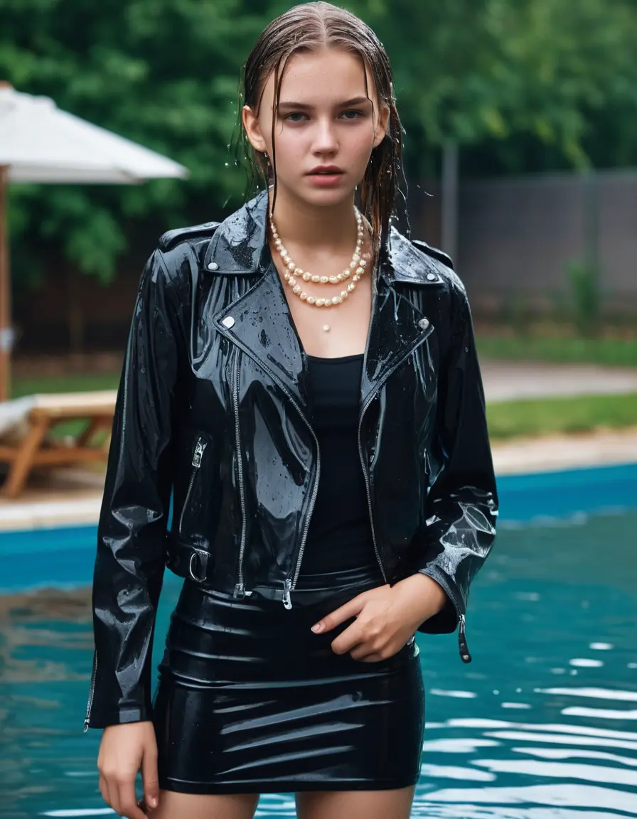 photo of young woman, in soaking wet, drenched clothes,
ankle boots, short black skirt, slim fit black biker leatherjacket,  tight sexy tshirt with wide neckline, handbag, pearl necklace, Fifteen years old horny blonde teenage girl with her Friends holds her hand over her mouth and nose steps into water half submerged at the edge of the swimming pool, 
enjoying, wet clothes stuck to body,
detailed textures of the wet clothes, wet face, wet plastered hair,
wet, drenched, professional, high-quality details, full body view.
sharp focus, ultra-high pixel detail, realistic, high-quality, full colors, incredibly detailed, 4k, 8k, 16k, hyper-realistic, RAW photo, masterpiece, ultra-detailed, professionally color graded, professional photograph, Fifteen years old, completely soaked, completely dripping wet from head to toe, very wet clothes, sleek long straight hair, worried and embarrassed facial expression, slight yawn, moaning,  all girls wear different styles of clothes, she takes her handbag with her in the water, a lot of people stands in the background, close-up, view from above, highly realistic representation, ultra sharp focus, highly photorealistic detailed facial features and expressions, highly photorealistic hands, highly best quality, highly sharp photorealistic image, highly photorealistic details, highest photorealistic wet clothes, full UHD resolution, highest photorealistic sharpness of the image, 32 K