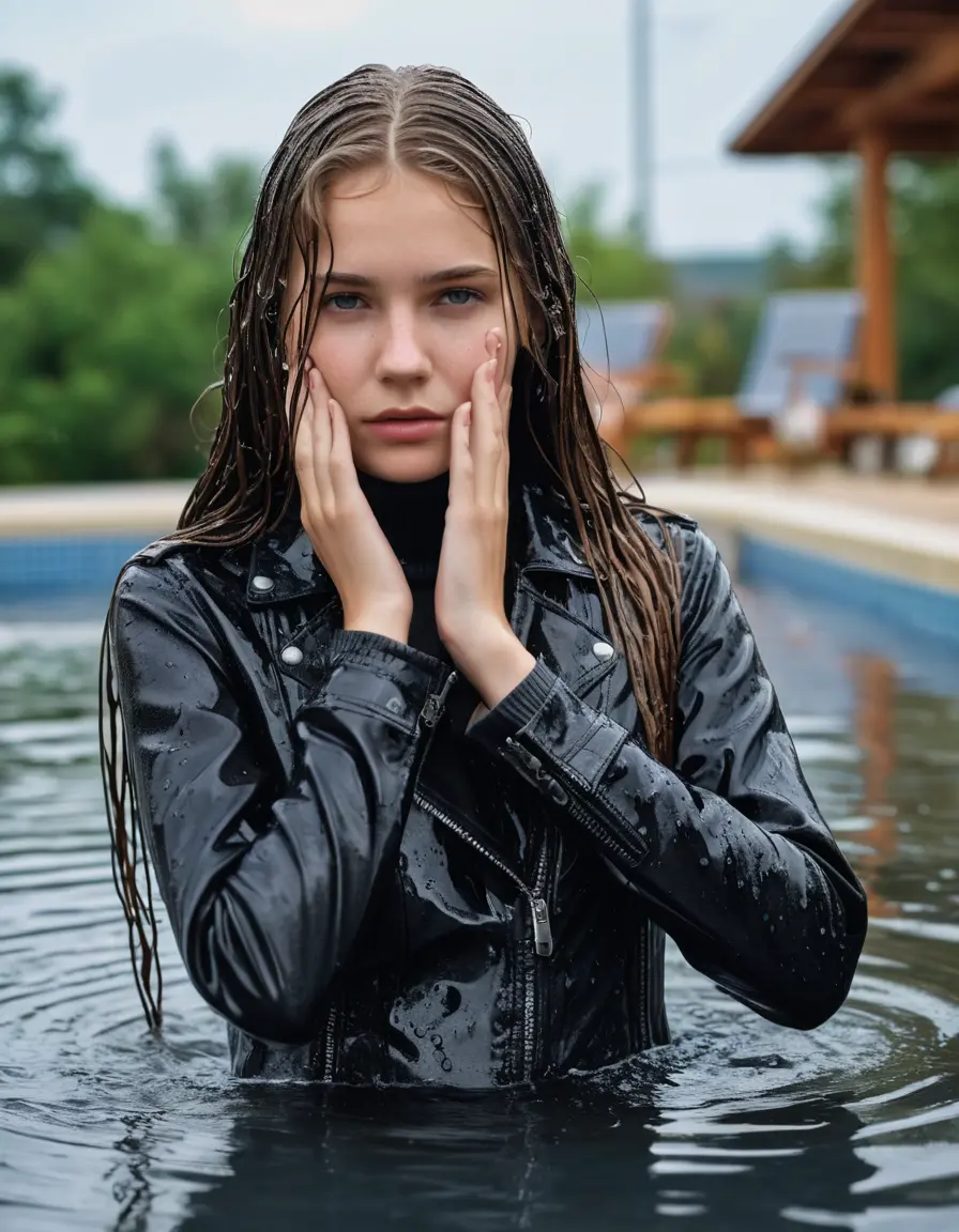 photo of young woman, in soaking wet, drenched clothes,
ankle boots, super skin tight denim jeans, slim fit black biker leatherjacket, tight white knit turtleneck sweater, handbag, pearl necklace, Fifteen years old careful blonde teenage girl with her Friends holds her hand over her mouth and nose steps into water half submerged at the edge of the swimming pool, 
enjoying, wet clothes stuck to body,
detailed textures of the wet clothes, wet face, wet plastered hair,
wet, drenched, professional, high-quality details, full body view.
sharp focus, ultra-high pixel detail, realistic, high-quality, full colors, incredibly detailed, 4k, 8k, 16k, hyper-realistic, RAW photo, masterpiece, ultra-detailed, professionally color graded, professional photograph, Fifteen years old, completely soaked, completely dripping wet from head to toe, very wet clothes, sleek long straight hair, worried and embarrassed facial expression, slight yawn, moaning,  all girls wear different styles of clothes, she takes her handbag with her in the water, a lot of people stands in the background, close-up, view from above, highly realistic representation, ultra sharp focus, highly photorealistic detailed facial features and expressions, highly photorealistic hands, highly best quality, highly sharp photorealistic image, highly photorealistic details, highest photorealistic wet clothes, full UHD resolution, highest photorealistic sharpness of the image, 32 K