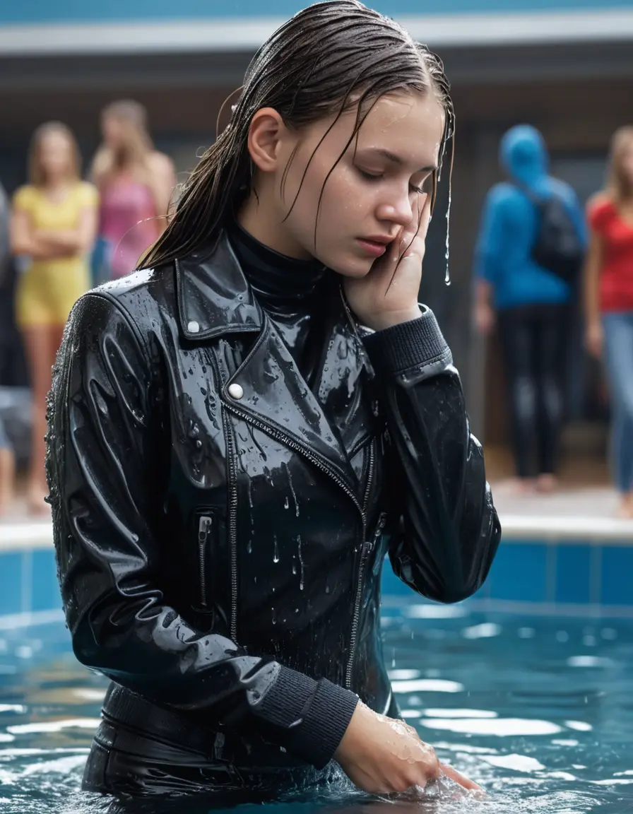 photo of young woman, in soaking wet, drenched clothes,
black leather boots, tight black leatherlegging , slim fit black biker leatherjacket,  tight grey turtleneck sweater, handbag, pearl necklace, Fifteen years old sensible horny blonde teenage girl with her Friends holds her hand over her mouth and nose goes into water at the edge of the crowded public swimming pool at a pool party, 
enjoying, wet clothes stuck to body,
detailed textures of the wet clothes, wet face, wet plastered hair,
wet, drenched, professional, high-quality details, full body view.
sharp focus, ultra-high pixel detail, realistic, high-quality, full colors, incredibly detailed, 4k, 8k, 16k, hyper-realistic, RAW photo, masterpiece, ultra-detailed, professionally color graded, professional photograph, Fifteen years old, completely soaked, completely dripping wet from head to toe, very wet clothes, sleek long straight hair, worried and embarrassed facial expression, slight yawn, moaning,  all girls wear different styles of clothes, she takes her handbag with her in the water, a lot of people stands in the background, close-up, view from above, highly realistic representation, ultra sharp focus, highly photorealistic detailed facial features and expressions, highly photorealistic hands, highly best quality, highly sharp photorealistic image, highly photorealistic details, highest photorealistic wet clothes, full UHD resolution, highest photorealistic sharpness of the image, 32 K