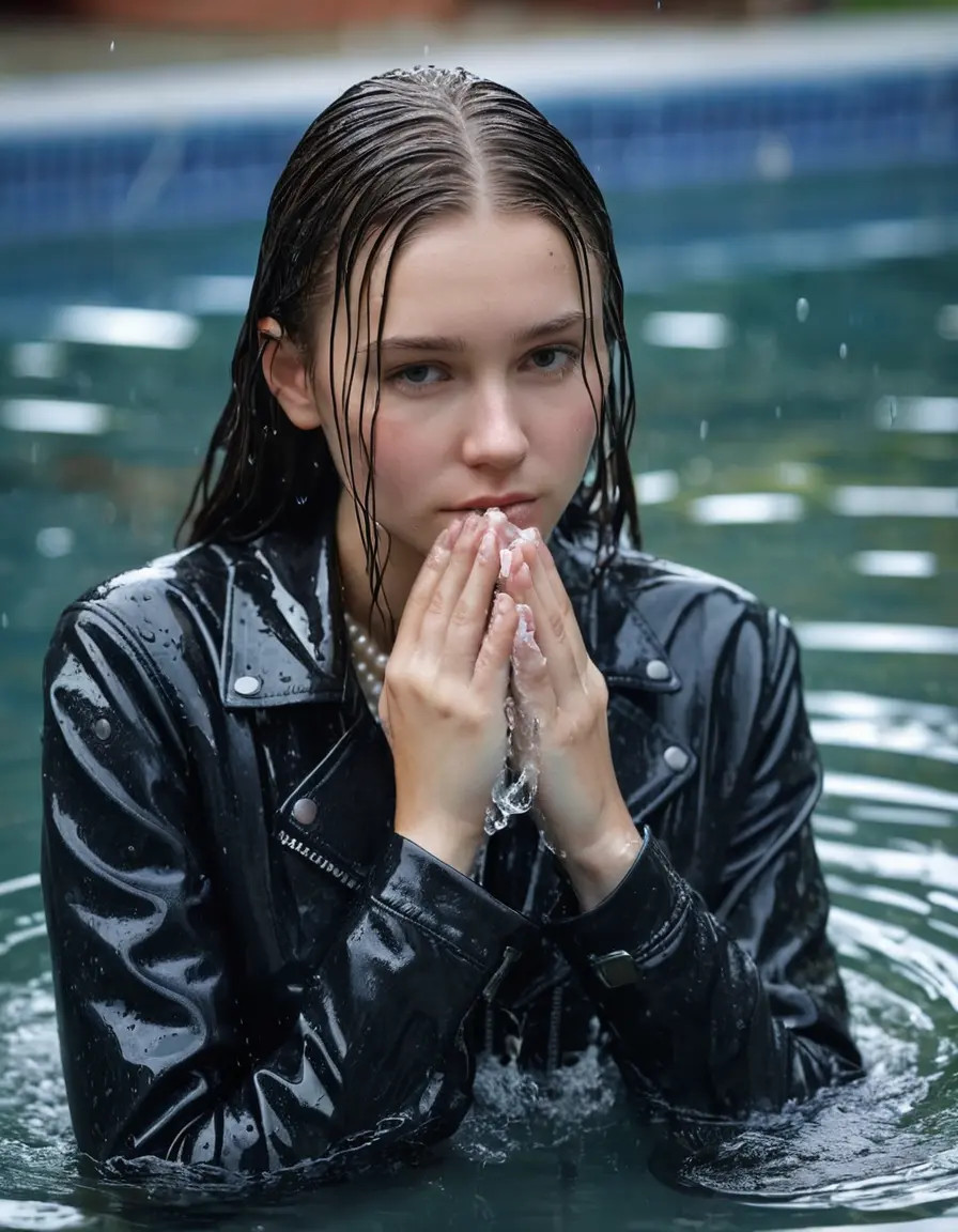 photo of young woman, in soaking wet, drenched clothes,
ankle boots, super skin tight denim jeans, slim fit black biker leatherjacket, tight white knit turtleneck sweater, handbag, pearl necklace, Fifteen years old horrified horny blonde teenage girl with her Friends holds her hand over her mouth and nose climbs out of water half submerged at the edge of the swimming pool, 
enjoying, wet clothes stuck to body,
detailed textures of the wet clothes, wet face, wet plastered hair,
wet, drenched, professional, high-quality details, full body view.
sharp focus, ultra-high pixel detail, realistic, high-quality, full colors, incredibly detailed, 4k, 8k, 16k, hyper-realistic, RAW photo, masterpiece, ultra-detailed, professionally color graded, professional photograph, Fifteen years old, completely soaked, completely dripping wet from head to toe, very wet clothes, sleek long straight hair, worried and embarrassed facial expression, slight yawn, moaning,  all girls wear different styles of clothes, she takes her handbag with her in the water, a lot of people stands in the background, close-up, view from above, highly realistic representation, ultra sharp focus, highly photorealistic detailed facial features and expressions, highly photorealistic hands, highly best quality, highly sharp photorealistic image, highly photorealistic details, highest photorealistic wet clothes, full UHD resolution, highest photorealistic sharpness of the image, 32 K