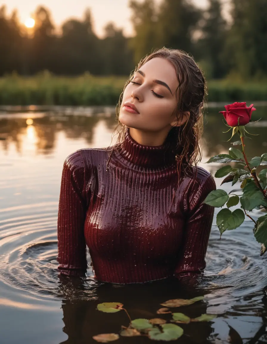 photo of young woman, in soaking wet, drenched clothes,
, , Form-fitted cozy ribbed burgundy turtleneck sweater , Pond at sunrise with an overhanging rose bush, 
enjoying, wet clothes stuck to body,
detailed textures of the wet clothes, wet face, wet plastered hair,
wet, drenched, professional, high-quality details, full body view.
sharp focus, ultra-high pixel detail, realistic, high-quality, full colors, incredibly detailed, 4k, 8k, 16k, hyper-realistic, RAW photo, masterpiece, ultra-detailed, professionally color graded, professional photograph, Eastern European woman, chest-deep in a pond, sniffing a rose