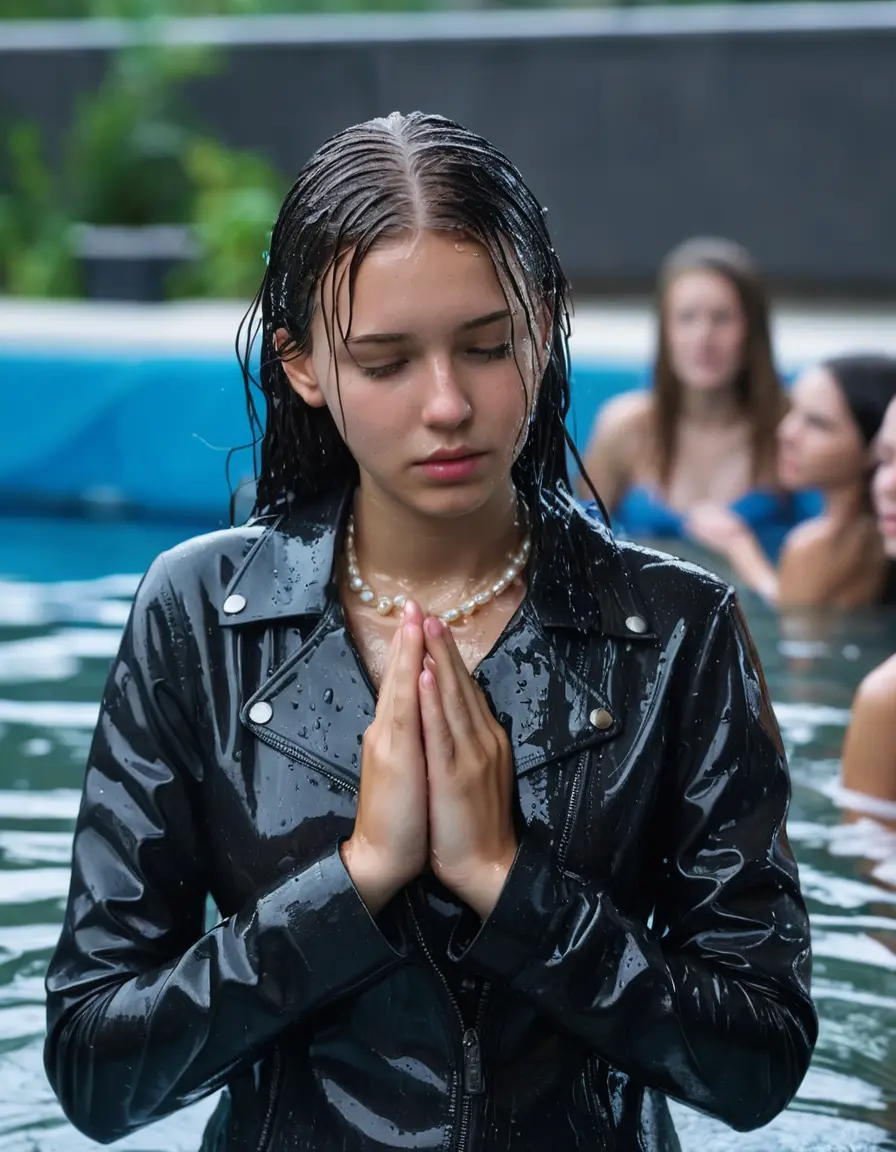 photo of young woman, in soaking wet, drenched clothes,
black leather boots, tight black leatherlegging , slim fit black biker leatherjacket,  tight grey turtleneck sweater, handbag, pearl necklace, Fifteen years old sensible horny blonde teenage girl with her Friends holds her hand over her mouth and nose goes into water at the edge of the crowded public swimming pool at a pool party, 
enjoying, wet clothes stuck to body,
detailed textures of the wet clothes, wet face, wet plastered hair,
wet, drenched, professional, high-quality details, full body view.
sharp focus, ultra-high pixel detail, realistic, high-quality, full colors, incredibly detailed, 4k, 8k, 16k, hyper-realistic, RAW photo, masterpiece, ultra-detailed, professionally color graded, professional photograph, Fifteen years old, completely soaked, completely dripping wet from head to toe, very wet clothes, sleek long straight hair, worried and embarrassed facial expression, slight yawn, moaning,  all girls wear different styles of clothes, she takes her handbag with her in the water, a lot of people stands in the background, close-up, view from above, highly realistic representation, ultra sharp focus, highly photorealistic detailed facial features and expressions, highly photorealistic hands, highly best quality, highly sharp photorealistic image, highly photorealistic details, highest photorealistic wet clothes, full UHD resolution, highest photorealistic sharpness of the image, 32 K