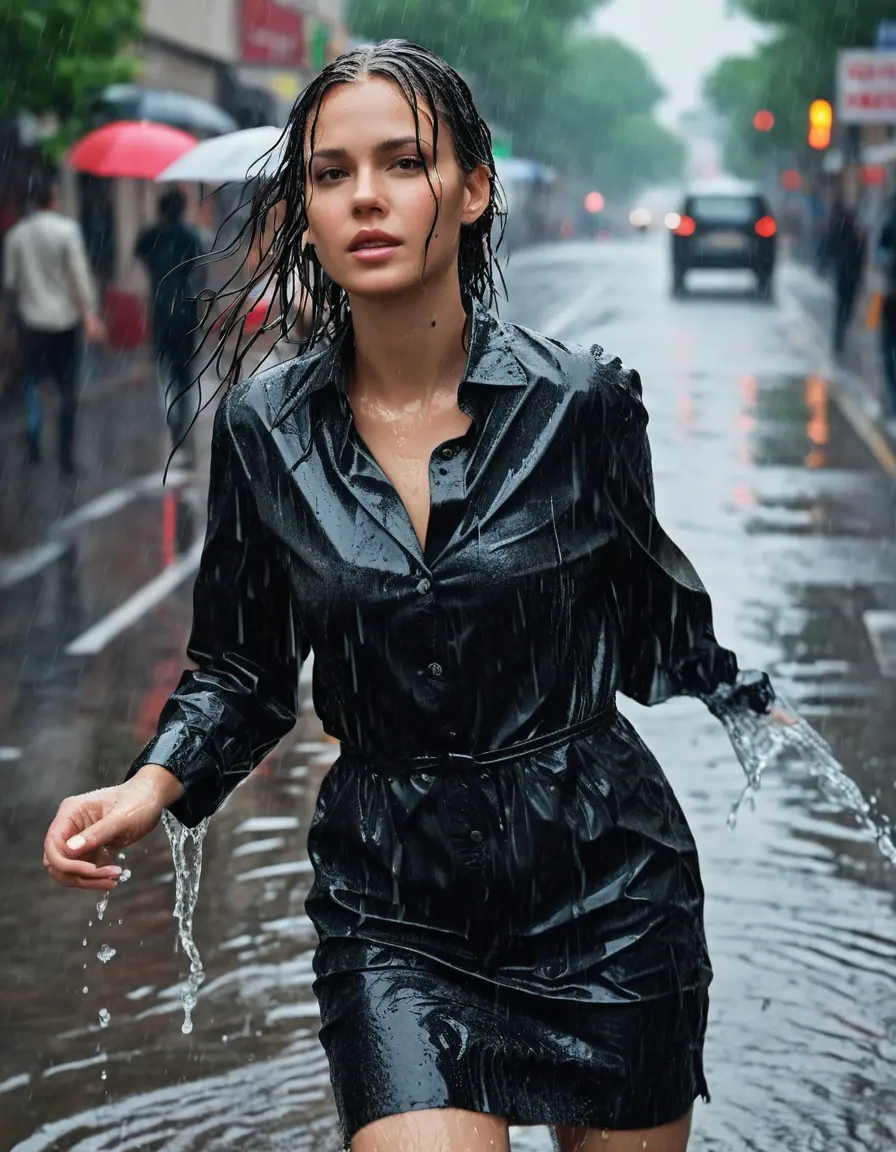 photo of young woman, in soaking wet, drenched clothes,
high heels , black blouse dress, in the rain on a busy street , 
enjoying, wet clothes stuck to body,
detailed textures of the wet clothes, wet face, wet plastered hair,
wet, drenched, professional, high-quality details, full body view.
sharp focus, ultra-high pixel detail, realistic, high-quality, full colors, incredibly detailed, 4k, 8k, 16k, hyper-realistic, RAW photo, masterpiece, ultra-detailed, professionally color graded, professional photograph