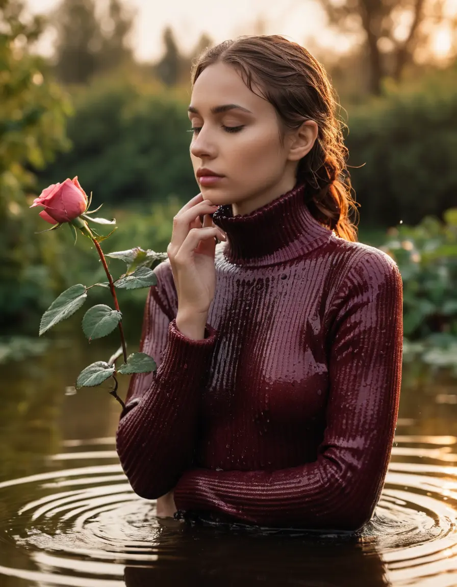 photo of young woman, in soaking wet, drenched clothes,
, , Form-fitted cozy ribbed burgundy turtleneck sweater , Pond at sunrise with an overhanging rose bush, 
enjoying, wet clothes stuck to body,
detailed textures of the wet clothes, wet face, wet plastered hair,
wet, drenched, professional, high-quality details, full body view.
sharp focus, ultra-high pixel detail, realistic, high-quality, full colors, incredibly detailed, 4k, 8k, 16k, hyper-realistic, RAW photo, masterpiece, ultra-detailed, professionally color graded, professional photograph, Eastern European woman, chest-deep in a pond, sniffing a rose on a branch