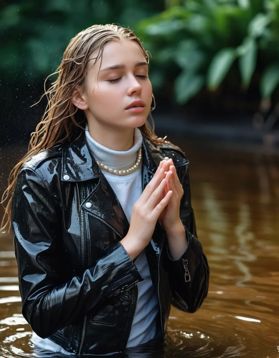 photo of young woman, in soaking wet, drenched clothes,
ankle boots, super skin tight denim jeans, slim fit black biker leatherjacket, tight white knit turtleneck sweater, handbag, pearl necklace, Fifteen years old careful blonde teenage girl with her Friends holds her hand over her mouth and nose steps into water half submerged at the edge of the swimming pool, 
enjoying, wet clothes stuck to body,
detailed textures of the wet clothes, wet face, wet plastered hair,
wet, drenched, professional, high-quality details, full body view.
sharp focus, ultra-high pixel detail, realistic, high-quality, full colors, incredibly detailed, 4k, 8k, 16k, hyper-realistic, RAW photo, masterpiece, ultra-detailed, professionally color graded, professional photograph, Fifteen years old, completely soaked, completely dripping wet from head to toe, very wet clothes, sleek long straight hair, worried and embarrassed facial expression, slight yawn, moaning,  all girls wear different styles of clothes, she takes her handbag with her in the water, a lot of people stands in the background, close-up, view from above, highly realistic representation, ultra sharp focus, highly photorealistic detailed facial features and expressions, highly photorealistic hands, highly best quality, highly sharp photorealistic image, highly photorealistic details, highest photorealistic wet clothes, full UHD resolution, highest photorealistic sharpness of the image, 32 K