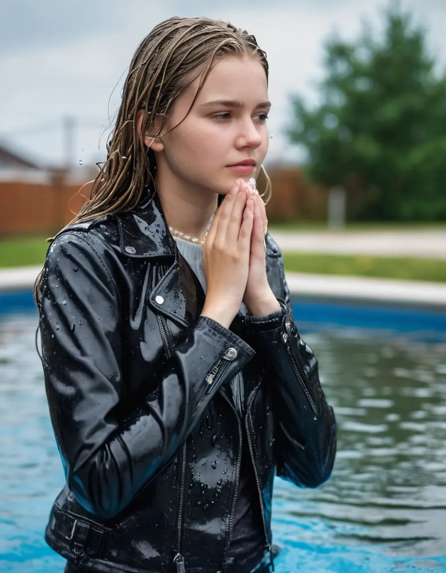 photo of young woman, in soaking wet, drenched clothes,
ankle boots, super skin tight denim jeans, slim fit black biker leatherjacket, tight white knit turtleneck sweater, handbag, pearl necklace, Fifteen years old restrained blonde teenage girl with her Friends holds her hand over her mouth and nose steps into water half submerged at the edge of the swimming pool, 
enjoying, wet clothes stuck to body,
detailed textures of the wet clothes, wet face, wet plastered hair,
wet, drenched, professional, high-quality details, full body view.
sharp focus, ultra-high pixel detail, realistic, high-quality, full colors, incredibly detailed, 4k, 8k, 16k, hyper-realistic, RAW photo, masterpiece, ultra-detailed, professionally color graded, professional photograph, Fifteen years old, completely soaked, completely dripping wet from head to toe, very wet clothes, sleek long straight hair, worried and embarrassed facial expression, slight yawn, moaning,  all girls wear different styles of clothes, she takes her handbag with her in the water, a lot of people stands in the background, close-up, view from above, highly realistic representation, ultra sharp focus, highly photorealistic detailed facial features and expressions, highly photorealistic hands, highly best quality, highly sharp photorealistic image, highly photorealistic details, highest photorealistic wet clothes, full UHD resolution, highest photorealistic sharpness of the image, 32 K