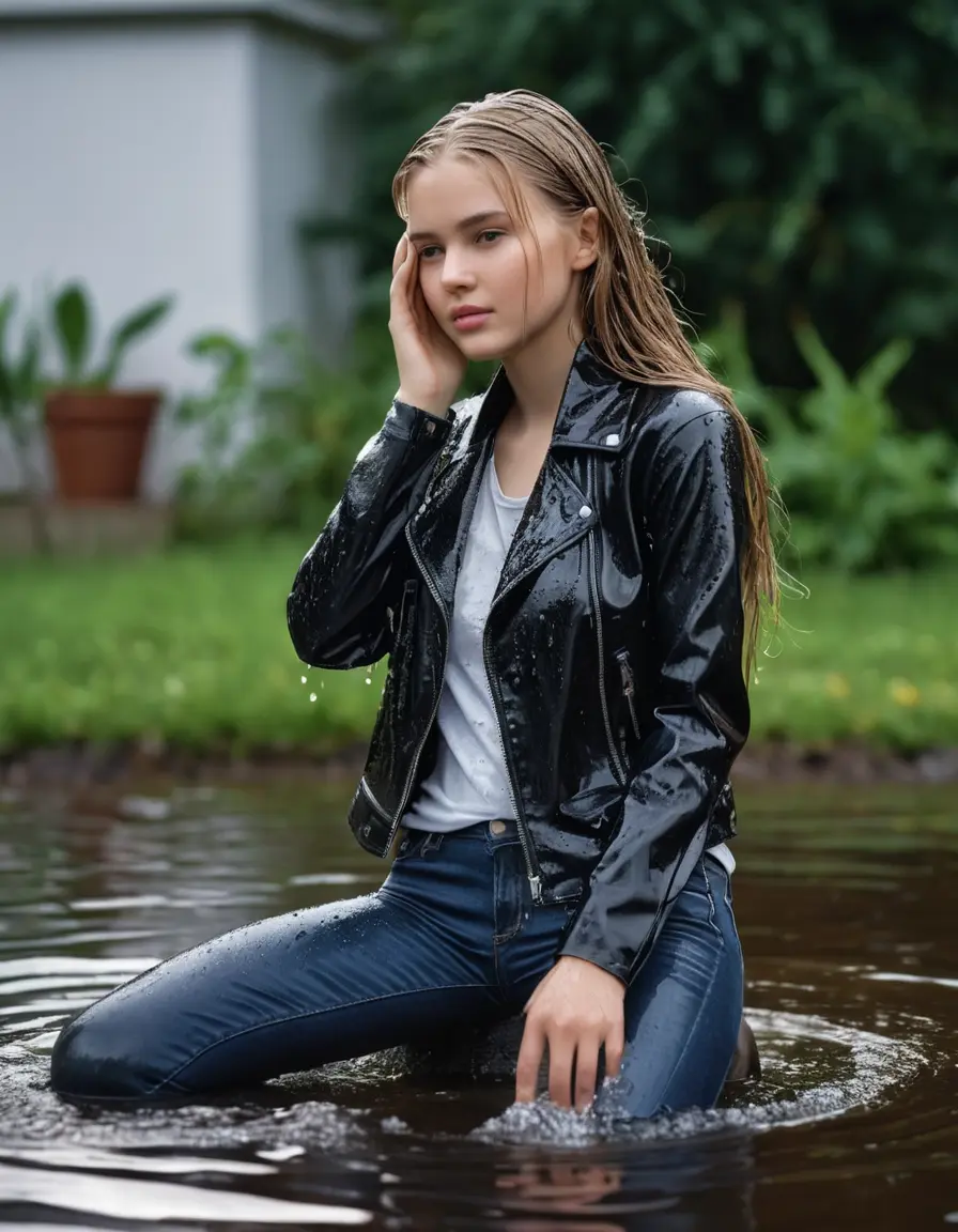 photo of young woman, in soaking wet, drenched clothes,
ankle boots, super skin tight denim jeans, slim fit black biker leatherjacket, tight white knit turtleneck sweater, handbag, pearl necklace, Fifteen years old enthusiastic horny blonde teenage girl with her Friends holds her hand over her mouth and nose climbs out of water half submerged at the edge of the swimming pool, 
enjoying, wet clothes stuck to body,
detailed textures of the wet clothes, wet face, wet plastered hair,
wet, drenched, professional, high-quality details, full body view.
sharp focus, ultra-high pixel detail, realistic, high-quality, full colors, incredibly detailed, 4k, 8k, 16k, hyper-realistic, RAW photo, masterpiece, ultra-detailed, professionally color graded, professional photograph, Fifteen years old, completely soaked, completely dripping wet from head to toe, very wet clothes, sleek long straight hair, worried and embarrassed facial expression, slight yawn, moaning,  all girls wear different styles of clothes, she takes her handbag with her in the water, a lot of people stands in the background, close-up, view from above, highly realistic representation, ultra sharp focus, highly photorealistic detailed facial features and expressions, highly photorealistic hands, highly best quality, highly sharp photorealistic image, highly photorealistic details, highest photorealistic wet clothes, full UHD resolution, highest photorealistic sharpness of the image, 32 K