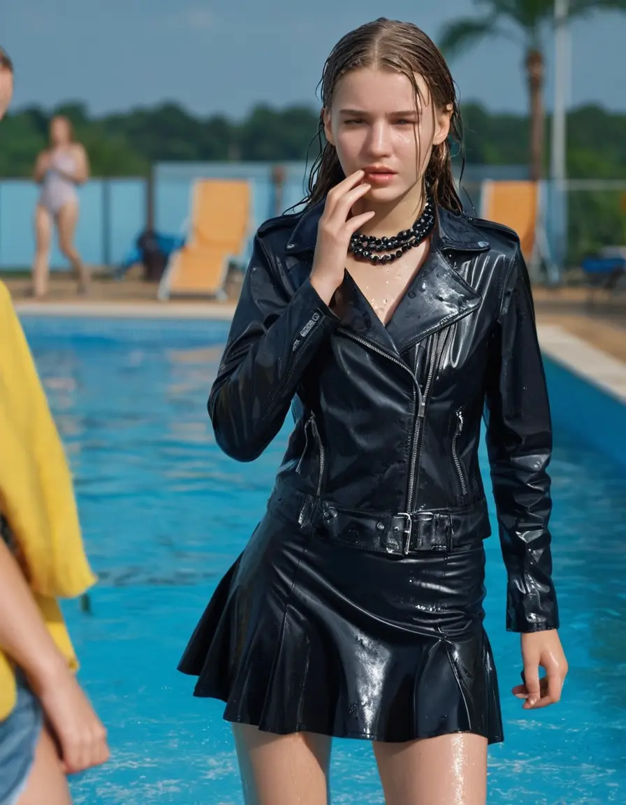 photo of young woman, in soaking wet, drenched clothes,
ankle boots, short black skirt, slim fit black biker leatherjacket,  tight sexy tshirt with wide neckline, handbag, pearl necklace, Fifteen years old horny blonde teenage girl with her Friends holds her hand over her mouth and nose steps into water half submerged at the edge of the swimming pool, 
enjoying, wet clothes stuck to body,
detailed textures of the wet clothes, wet face, wet plastered hair,
wet, drenched, professional, high-quality details, full body view.
sharp focus, ultra-high pixel detail, realistic, high-quality, full colors, incredibly detailed, 4k, 8k, 16k, hyper-realistic, RAW photo, masterpiece, ultra-detailed, professionally color graded, professional photograph, Fifteen years old, completely soaked, completely dripping wet from head to toe, very wet clothes, sleek long straight hair, worried and embarrassed facial expression, slight yawn, moaning,  all girls wear different styles of clothes, she takes her handbag with her in the water, a lot of people stands in the background, close-up, view from above, highly realistic representation, ultra sharp focus, highly photorealistic detailed facial features and expressions, highly photorealistic hands, highly best quality, highly sharp photorealistic image, highly photorealistic details, highest photorealistic wet clothes, full UHD resolution, highest photorealistic sharpness of the image, 32 K