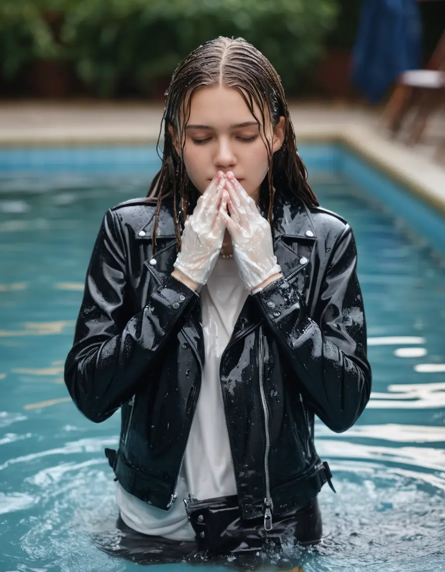 photo of young woman, in soaking wet, drenched clothes,
ankle boots, super skin tight denim jeans, slim fit black biker leatherjacket, tight white knit turtleneck sweater, handbag, pearl necklace, Fifteen years old blonde teenage girl with her Friends holds her hand over her mouth and nose steps into water half submerged at the edge of the swimming pool, 
enjoying, wet clothes stuck to body,
detailed textures of the wet clothes, wet face, wet plastered hair,
wet, drenched, professional, high-quality details, full body view.
sharp focus, ultra-high pixel detail, realistic, high-quality, full colors, incredibly detailed, 4k, 8k, 16k, hyper-realistic, RAW photo, masterpiece, ultra-detailed, professionally color graded, professional photograph, Fifteen years old, completely soaked, completely dripping wet from head to toe, very wet clothes, sleek long straight hair, worried and embarrassed facial expression, slight yawn, moaning,  all girls wear different styles of clothes, she takes her handbag with her in the water, a lot of people stands in the background, close-up, view from above, highly realistic representation, ultra sharp focus, highly photorealistic detailed facial features and expressions, highly photorealistic hands, highly best quality, highly sharp photorealistic image, highly photorealistic details, highest photorealistic wet clothes, full UHD resolution, highest photorealistic sharpness of the image, 32 K