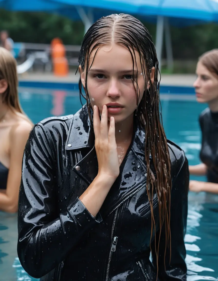 photo of young woman, in soaking wet, drenched clothes,
black leather boots, tight black leatherlegging , slim fit black biker leatherjacket,  tight grey turtleneck sweater, handbag, pearl necklace, Fifteen years old shocked horny blonde teenage girl with her Friends holds her hand over her mouth and nose goes into water at the edge of the crowded public swimming pool at a pool party, 
enjoying, wet clothes stuck to body,
detailed textures of the wet clothes, wet face, wet plastered hair,
wet, drenched, professional, high-quality details, full body view.
sharp focus, ultra-high pixel detail, realistic, high-quality, full colors, incredibly detailed, 4k, 8k, 16k, hyper-realistic, RAW photo, masterpiece, ultra-detailed, professionally color graded, professional photograph, Fifteen years old, completely soaked, completely dripping wet from head to toe, very wet clothes, sleek long straight hair, worried and embarrassed facial expression, slight yawn, moaning,  all girls wear different styles of clothes, she takes her handbag with her in the water, a lot of people stands in the background, close-up, view from above, highly realistic representation, ultra sharp focus, highly photorealistic detailed facial features and expressions, highly photorealistic hands, highly best quality, highly sharp photorealistic image, highly photorealistic details, highest photorealistic wet clothes, full UHD resolution, highest photorealistic sharpness of the image, 32 K