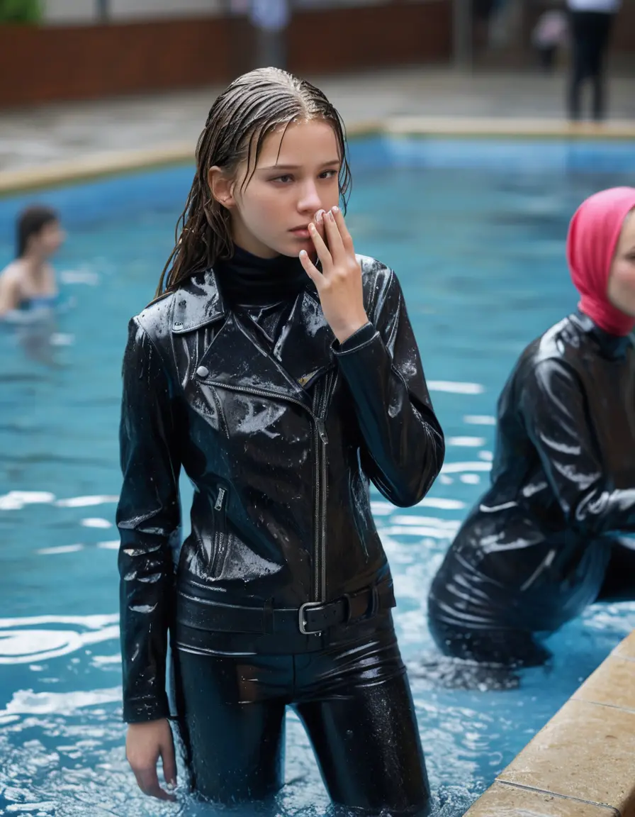 photo of young woman, in soaking wet, drenched clothes,
black leather boots, tight black leatherlegging , slim fit black biker leatherjacket,  tight grey turtleneck sweater, handbag, pearl necklace, Fifteen years old shocked horny blonde teenage girl with her Friends holds her hand over her mouth and nose goes into water at the edge of the crowded public swimming pool at a pool party, 
enjoying, wet clothes stuck to body,
detailed textures of the wet clothes, wet face, wet plastered hair,
wet, drenched, professional, high-quality details, full body view.
sharp focus, ultra-high pixel detail, realistic, high-quality, full colors, incredibly detailed, 4k, 8k, 16k, hyper-realistic, RAW photo, masterpiece, ultra-detailed, professionally color graded, professional photograph, Fifteen years old, completely soaked, completely dripping wet from head to toe, very wet clothes, sleek long straight hair, worried and embarrassed facial expression, slight yawn, moaning,  all girls wear different styles of clothes, she takes her handbag with her in the water, a lot of people stands in the background, close-up, view from above, highly realistic representation, ultra sharp focus, highly photorealistic detailed facial features and expressions, highly photorealistic hands, highly best quality, highly sharp photorealistic image, highly photorealistic details, highest photorealistic wet clothes, full UHD resolution, highest photorealistic sharpness of the image, 32 K