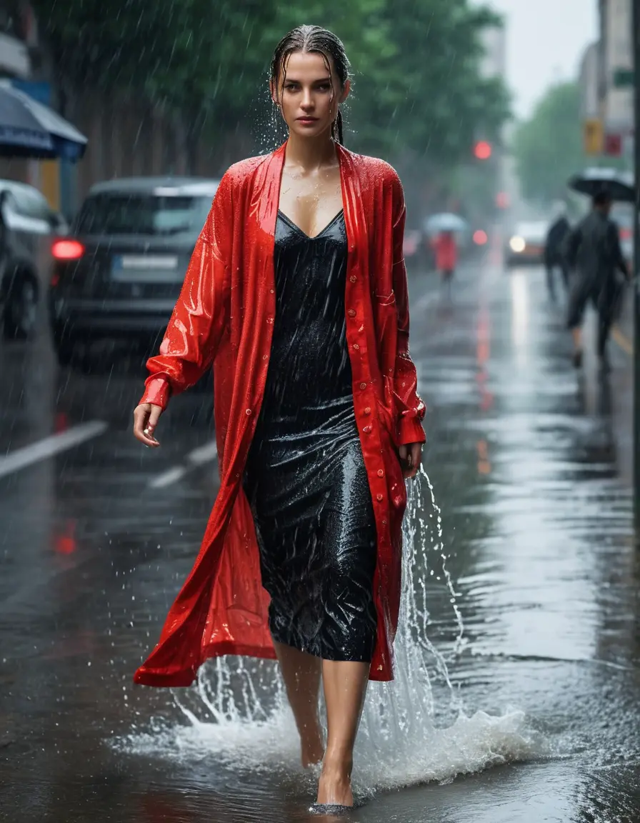 photo of young woman, in soaking wet, drenched clothes,
high heels , black long blouse dress with red cardigan, in the rain on a busy street , 
enjoying, wet clothes stuck to body,
detailed textures of the wet clothes, wet face, wet plastered hair,
wet, drenched, professional, high-quality details, full body view.
sharp focus, ultra-high pixel detail, realistic, high-quality, full colors, incredibly detailed, 4k, 8k, 16k, hyper-realistic, RAW photo, masterpiece, ultra-detailed, professionally color graded, professional photograph