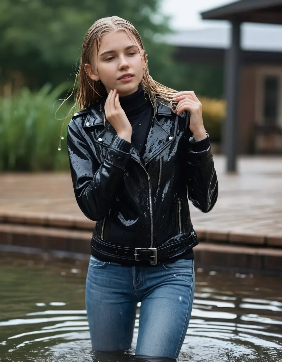 photo of young woman, in soaking wet, drenched clothes,
ankle boots, super skin tight denim jeans, slim fit black biker leatherjacket, tight white knit turtleneck sweater, handbag, pearl necklace, Fifteen years old amused horny blonde teenage girl with her Friends holds her hand over her mouth and nose climbs out of water half submerged at the edge of the swimming pool, 
enjoying, wet clothes stuck to body,
detailed textures of the wet clothes, wet face, wet plastered hair,
wet, drenched, professional, high-quality details, full body view.
sharp focus, ultra-high pixel detail, realistic, high-quality, full colors, incredibly detailed, 4k, 8k, 16k, hyper-realistic, RAW photo, masterpiece, ultra-detailed, professionally color graded, professional photograph, Fifteen years old, completely soaked, completely dripping wet from head to toe, very wet clothes, sleek long straight hair, worried and embarrassed facial expression, slight yawn, moaning,  all girls wear different styles of clothes, she takes her handbag with her in the water, a lot of people stands in the background, close-up, view from above, highly realistic representation, ultra sharp focus, highly photorealistic detailed facial features and expressions, highly photorealistic hands, highly best quality, highly sharp photorealistic image, highly photorealistic details, highest photorealistic wet clothes, full UHD resolution, highest photorealistic sharpness of the image, 32 K