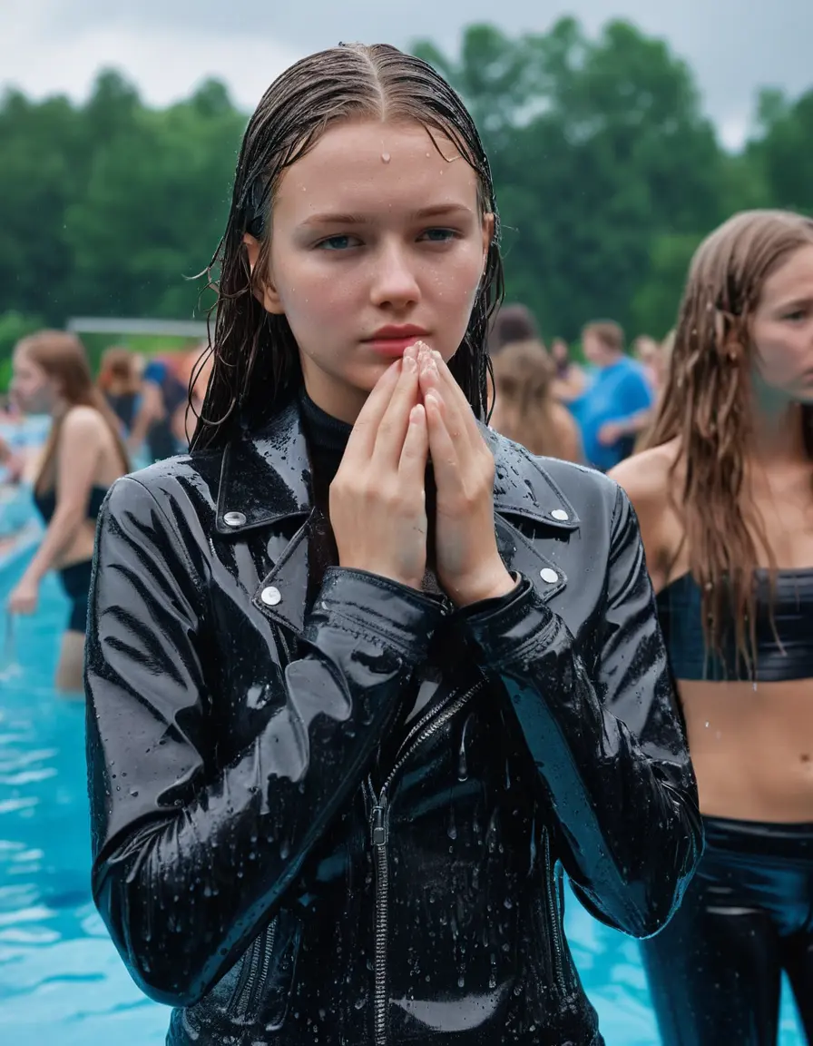 photo of young woman, in soaking wet, drenched clothes,
black leather boots, tight black leatherlegging , slim fit black biker leatherjacket,  tight grey turtleneck sweater, handbag, pearl necklace, Fifteen years old horny blonde teenage girl with her Friends holds her hand over her mouth and nose steps into water at the edge of the crowded public swimming pool at a pool party, 
enjoying, wet clothes stuck to body,
detailed textures of the wet clothes, wet face, wet plastered hair,
wet, drenched, professional, high-quality details, full body view.
sharp focus, ultra-high pixel detail, realistic, high-quality, full colors, incredibly detailed, 4k, 8k, 16k, hyper-realistic, RAW photo, masterpiece, ultra-detailed, professionally color graded, professional photograph, Fifteen years old, completely soaked, completely dripping wet from head to toe, very wet clothes, sleek long straight hair, worried and embarrassed facial expression, slight yawn, moaning,  all girls wear different styles of clothes, she takes her handbag with her in the water, a lot of people stands in the background, close-up, view from above, highly realistic representation, ultra sharp focus, highly photorealistic detailed facial features and expressions, highly photorealistic hands, highly best quality, highly sharp photorealistic image, highly photorealistic details, highest photorealistic wet clothes, full UHD resolution, highest photorealistic sharpness of the image, 32 K