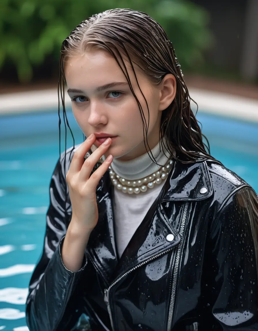 photo of young woman, in soaking wet, drenched clothes,
ankle boots, super skin tight denim jeans, slim fit black biker leatherjacket, tight white knit turtleneck sweater, handbag, pearl necklace, Fifteen years old restrained blonde teenage girl with her Friends holds her hand over her mouth and nose steps into water half submerged at the edge of the swimming pool, 
enjoying, wet clothes stuck to body,
detailed textures of the wet clothes, wet face, wet plastered hair,
wet, drenched, professional, high-quality details, full body view.
sharp focus, ultra-high pixel detail, realistic, high-quality, full colors, incredibly detailed, 4k, 8k, 16k, hyper-realistic, RAW photo, masterpiece, ultra-detailed, professionally color graded, professional photograph, Fifteen years old, completely soaked, completely dripping wet from head to toe, very wet clothes, sleek long straight hair, worried and embarrassed facial expression, slight yawn, moaning,  all girls wear different styles of clothes, she takes her handbag with her in the water, a lot of people stands in the background, close-up, view from above, highly realistic representation, ultra sharp focus, highly photorealistic detailed facial features and expressions, highly photorealistic hands, highly best quality, highly sharp photorealistic image, highly photorealistic details, highest photorealistic wet clothes, full UHD resolution, highest photorealistic sharpness of the image, 32 K