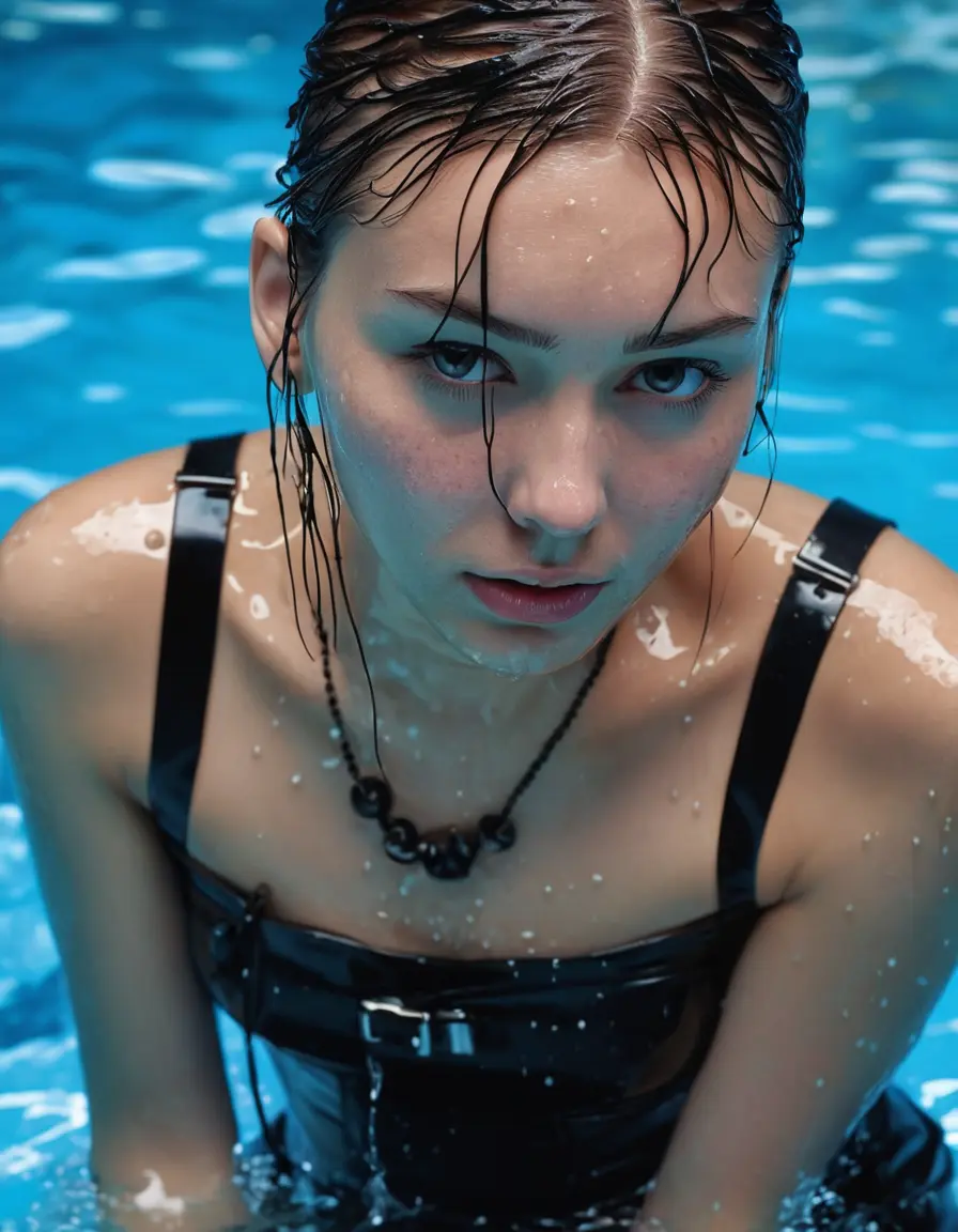 photo of young woman, in soaking wet, drenched clothes,
black leather boots, short black skirt, slim fit black biker leatherjacket,  tight sexy tshirt with wide neckline, handbag, pearl necklace, Fifteen years old horny blonde teenage girl with her Friends holds her hand over her mouth and nose sits half submerged into water at the edge of the private indoor swimming pool, 
enjoying, wet clothes stuck to body,
detailed textures of the wet clothes, wet face, wet plastered hair,
wet, drenched, professional, high-quality details, full body view.
sharp focus, ultra-high pixel detail, realistic, high-quality, full colors, incredibly detailed, 4k, 8k, 16k, hyper-realistic, RAW photo, masterpiece, ultra-detailed, professionally color graded, professional photograph, Fifteen years old, completely soaked, completely dripping wet from head to toe, very wet clothes, sleek long straight hair, topknot, worried and embarrassed facial expression, slight yawn, moaning,  all girls wear different styles of clothes, she takes her handbag with her in the water, a lot of people stands in the background, close-up, view from above, highly realistic representation, ultra sharp focus, highly photorealistic detailed facial features and expressions, highly photorealistic hands, highly best quality, highly sharp photorealistic image, highly photorealistic details, highest photorealistic wet clothes, full UHD resolution, highest photorealistic sharpness of the image, 32 K