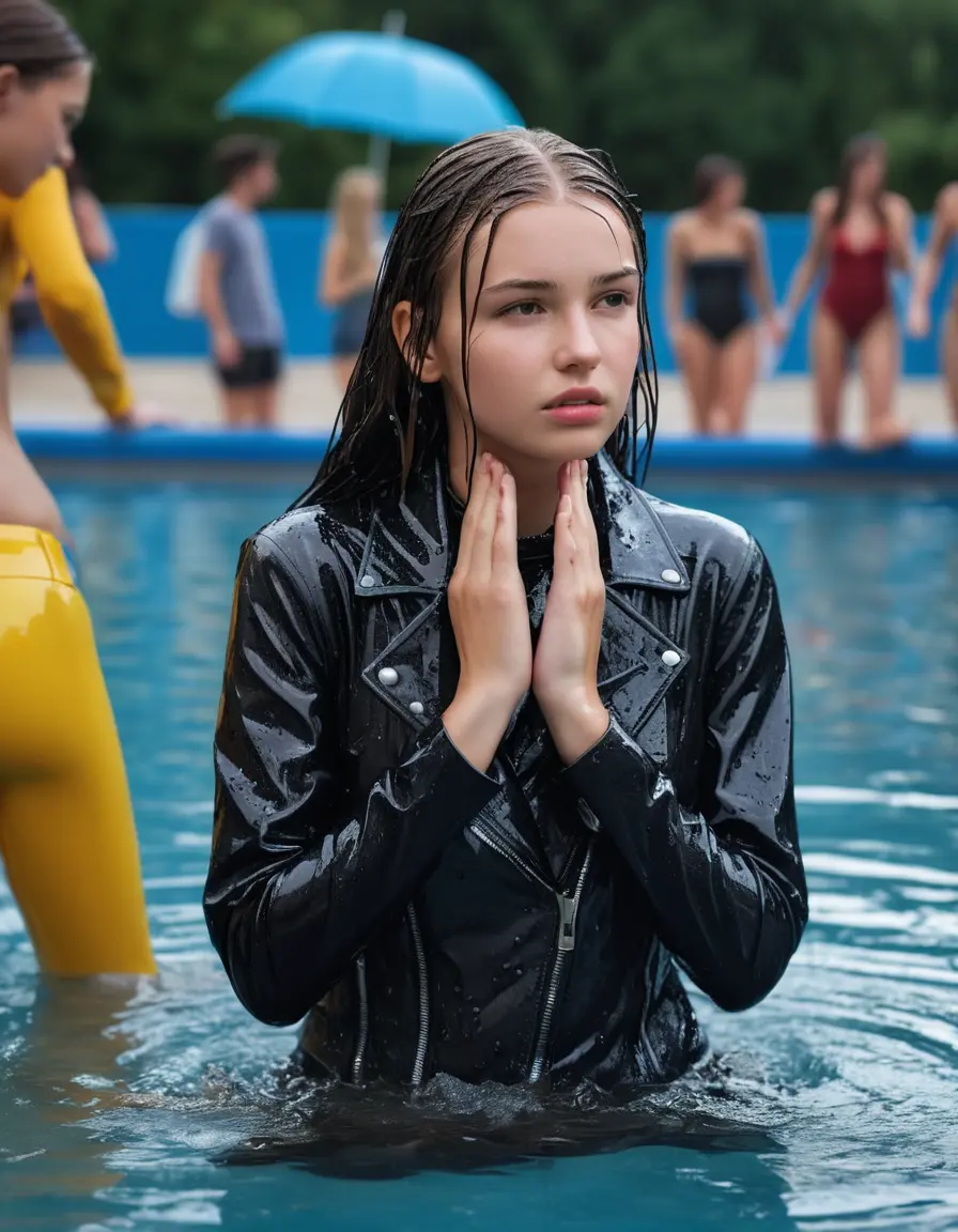 photo of young woman, in soaking wet, drenched clothes,
black leather boots, tight black leatherlegging , slim fit black biker leatherjacket,  tight grey turtleneck sweater, handbag, pearl necklace, Fifteen years old shocked horny blonde teenage girl with her Friends holds her hand over her mouth and nose goes into water at the edge of the crowded public swimming pool at a pool party, 
enjoying, wet clothes stuck to body,
detailed textures of the wet clothes, wet face, wet plastered hair,
wet, drenched, professional, high-quality details, full body view.
sharp focus, ultra-high pixel detail, realistic, high-quality, full colors, incredibly detailed, 4k, 8k, 16k, hyper-realistic, RAW photo, masterpiece, ultra-detailed, professionally color graded, professional photograph, Fifteen years old, completely soaked, completely dripping wet from head to toe, very wet clothes, sleek long straight hair, worried and embarrassed facial expression, slight yawn, moaning,  all girls wear different styles of clothes, she takes her handbag with her in the water, a lot of people stands in the background, close-up, view from above, highly realistic representation, ultra sharp focus, highly photorealistic detailed facial features and expressions, highly photorealistic hands, highly best quality, highly sharp photorealistic image, highly photorealistic details, highest photorealistic wet clothes, full UHD resolution, highest photorealistic sharpness of the image, 32 K