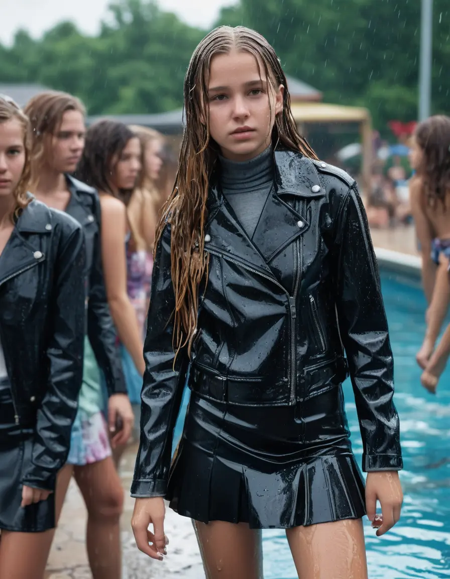 photo of young woman, in soaking wet, drenched clothes,
black leather boots, short black skirt, slim fit black biker leatherjacket,  tight grey turtleneck sweater, handbag, pearl necklace, Fifteen years old horny blonde teenage girl with her Friends holds her hand over her mouth and nose jumps into water at the edge of the crowded public swimming pool at a pool party, 
enjoying, wet clothes stuck to body,
detailed textures of the wet clothes, wet face, wet plastered hair,
wet, drenched, professional, high-quality details, full body view.
sharp focus, ultra-high pixel detail, realistic, high-quality, full colors, incredibly detailed, 4k, 8k, 16k, hyper-realistic, RAW photo, masterpiece, ultra-detailed, professionally color graded, professional photograph, Fifteen years old, completely soaked, completely dripping wet from head to toe, very wet clothes, sleek long straight hair, worried and embarrassed facial expression, slight yawn, moaning,  all girls wear different styles of clothes, she takes her handbag with her in the water, a lot of people stands in the background, close-up, view from above, highly realistic representation, ultra sharp focus, highly photorealistic detailed facial features and expressions, highly photorealistic hands, highly best quality, highly sharp photorealistic image, highly photorealistic details, highest photorealistic wet clothes, full UHD resolution, highest photorealistic sharpness of the image, 32 K