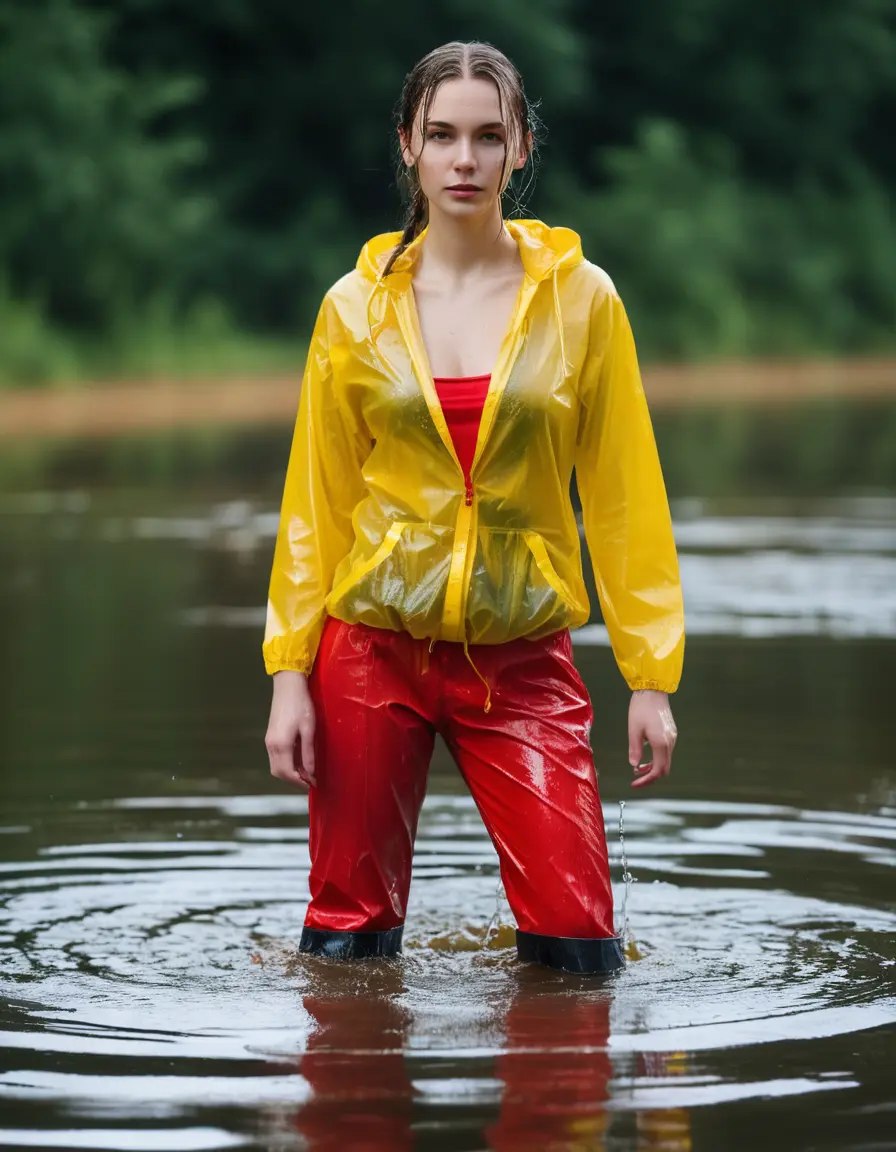 photo of young woman, in soaking wet, drenched clothes,
red wellies, long red shiny nylon rainpants, yellow thin nylon top sideboobs, wading in the lake, 
enjoying, wet clothes stuck to body,
detailed textures of the wet clothes, wet face, wet plastered hair,
wet, drenched, professional, high-quality details, full body view.
sharp focus, ultra-high pixel detail, realistic, high-quality, full colors, incredibly detailed, 4k, 8k, 16k, hyper-realistic, RAW photo, masterpiece, ultra-detailed, professionally color graded, professional photograph