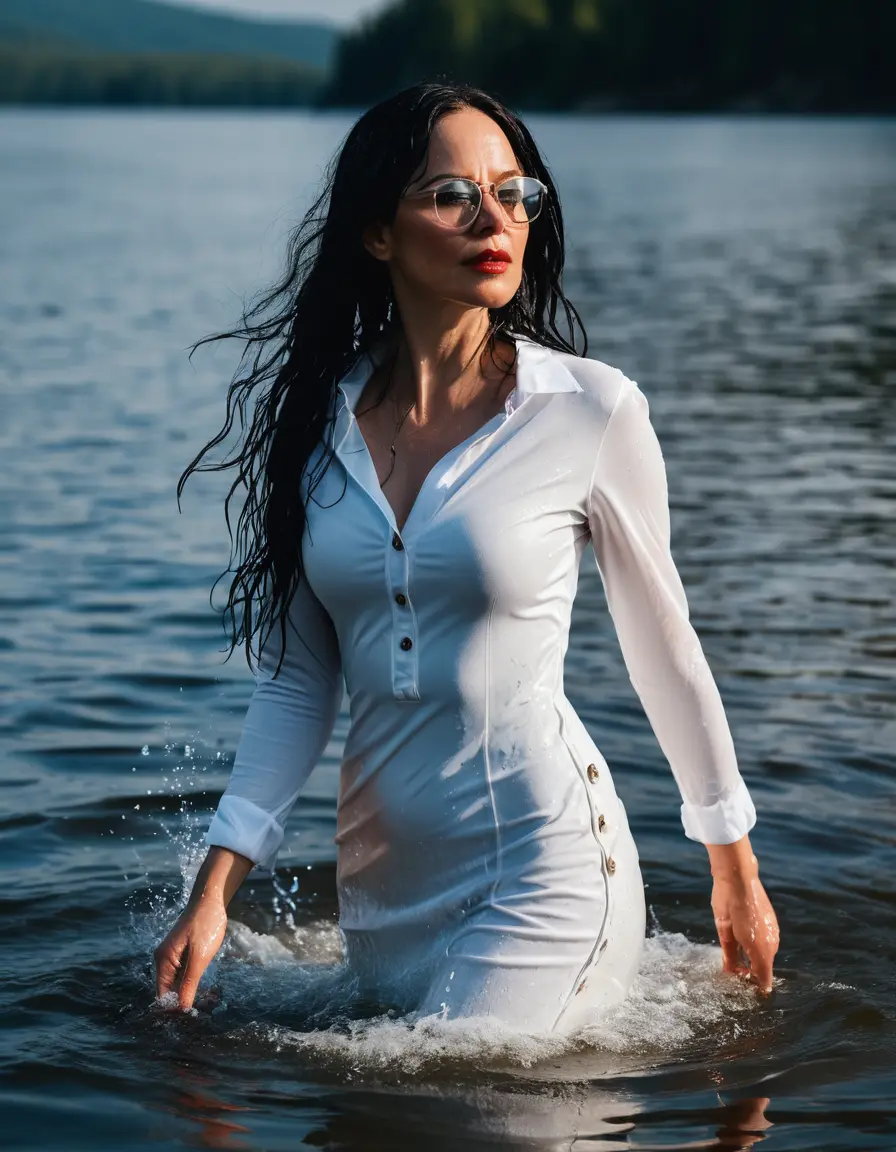 photo of young woman, in soaking wet, drenched clothes,
Sport shoes , long white tight dress with buttons, long white tight dress, walking in Sunny Deep lake, 
enjoying, wet clothes stuck to body,
detailed textures of the wet clothes, wet face, wet plastered hair,
wet, drenched, professional, high-quality details, full body view.
sharp focus, ultra-high pixel detail, realistic, high-quality, full colors, incredibly detailed, 4k, 8k, 16k, hyper-realistic, RAW photo, masterpiece, ultra-detailed, professionally color graded, professional photograph, woman 51 years old, long black hair, very big and thick lips, office light glasses, complete body, open mouth