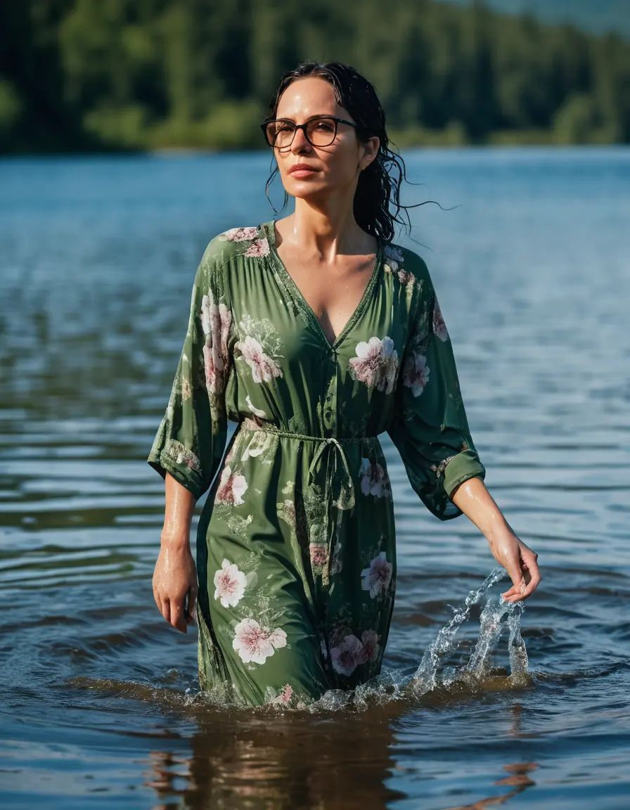 photo of young woman, in soaking wet, drenched clothes,
Sport shoes , maxi green floral dress, maxi green floral dress, walking in Sunny Deep lake, 
enjoying, wet clothes stuck to body,
detailed textures of the wet clothes, wet face, wet plastered hair,
wet, drenched, professional, high-quality details, full body view.
sharp focus, ultra-high pixel detail, realistic, high-quality, full colors, incredibly detailed, 4k, 8k, 16k, hyper-realistic, RAW photo, masterpiece, ultra-detailed, professionally color graded, professional photograph, woman 51 years old, medium black hair, very big and thick lips, office light glasses, complete body