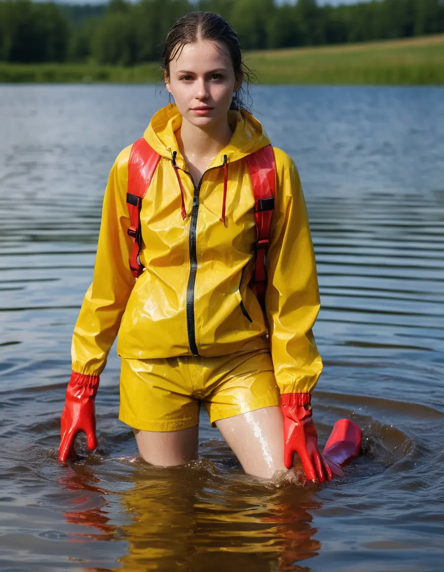 photo of young woman, in soaking wet, drenched clothes,
red wellies, yellow shiny nylon rainpants, yellow thin nylon top, wading in the lake, 
enjoying, wet clothes stuck to body,
detailed textures of the wet clothes, wet face, wet plastered hair,
wet, drenched, professional, high-quality details, full body view.
sharp focus, ultra-high pixel detail, realistic, high-quality, full colors, incredibly detailed, 4k, 8k, 16k, hyper-realistic, RAW photo, masterpiece, ultra-detailed, professionally color graded, professional photograph