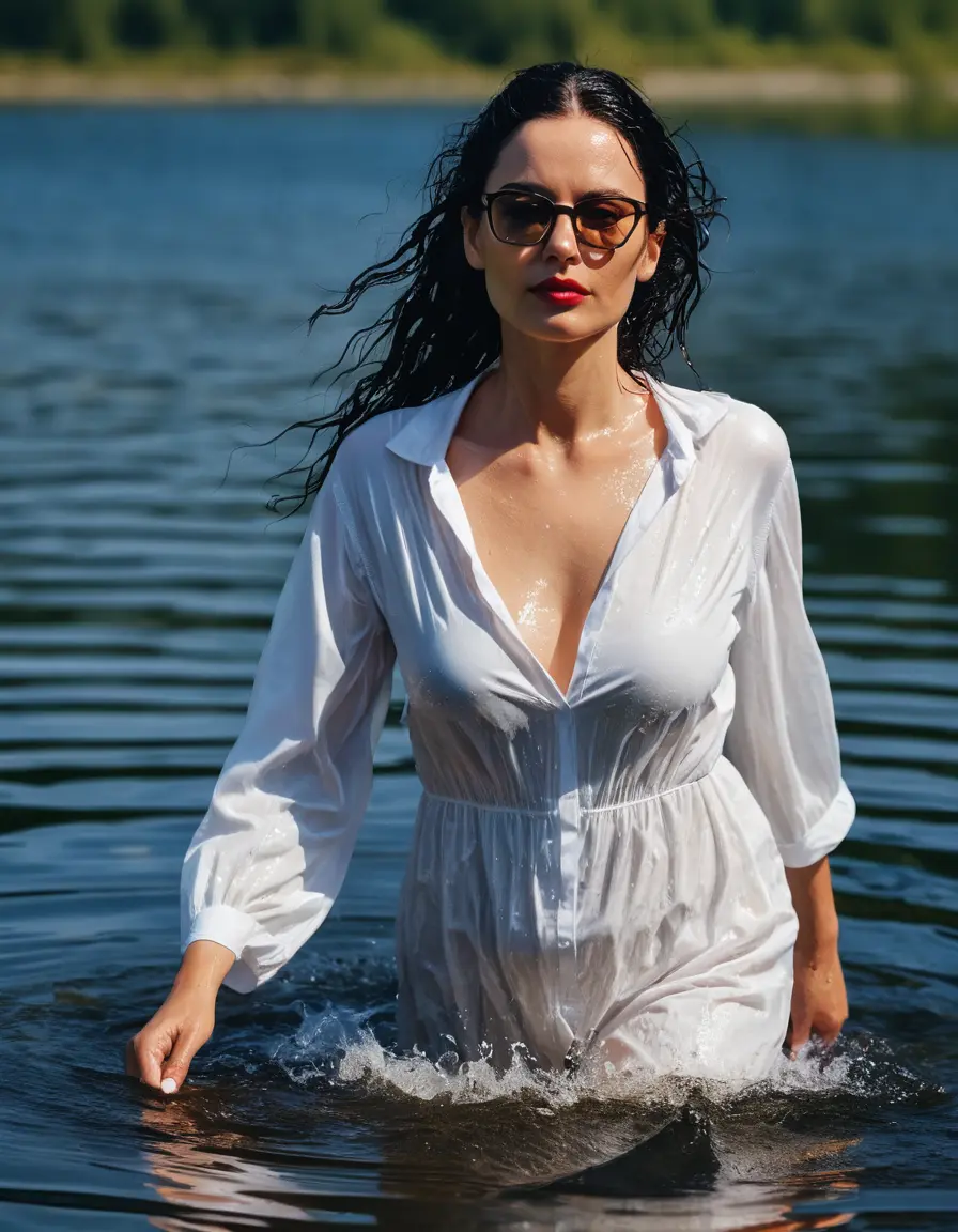 photo of young woman, in soaking wet, drenched clothes,
Sport shoes , maxi white dress, maxi white dress, walking in Sunny Deep lake, 
enjoying, wet clothes stuck to body,
detailed textures of the wet clothes, wet face, wet plastered hair,
wet, drenched, professional, high-quality details, full body view.
sharp focus, ultra-high pixel detail, realistic, high-quality, full colors, incredibly detailed, 4k, 8k, 16k, hyper-realistic, RAW photo, masterpiece, ultra-detailed, professionally color graded, professional photograph, woman 51 years old, medium black hair, very big and thick lips, office light glasses, complete body