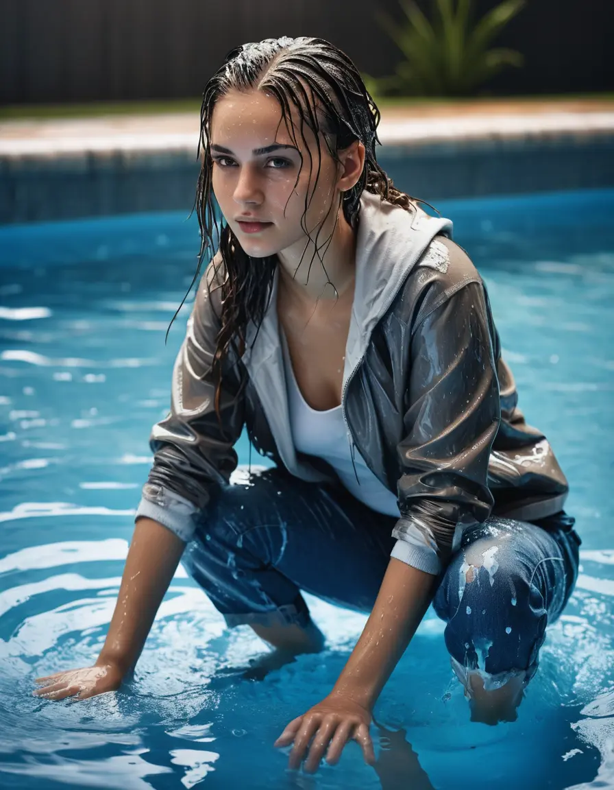 photo of young woman, in soaking wet, drenched clothes,
Jeans, Pool, 
enjoying, wet clothes stuck to body,
detailed textures of the wet clothes, wet face, wet plastered hair,
wet, drenched, professional, high-quality details, full body view.
sharp focus, ultra-high pixel detail, realistic, high-quality, full colors, incredibly detailed, 4k, 8k, 16k, hyper-realistic, RAW photo, masterpiece, ultra-detailed, professionally color graded, professional photograph