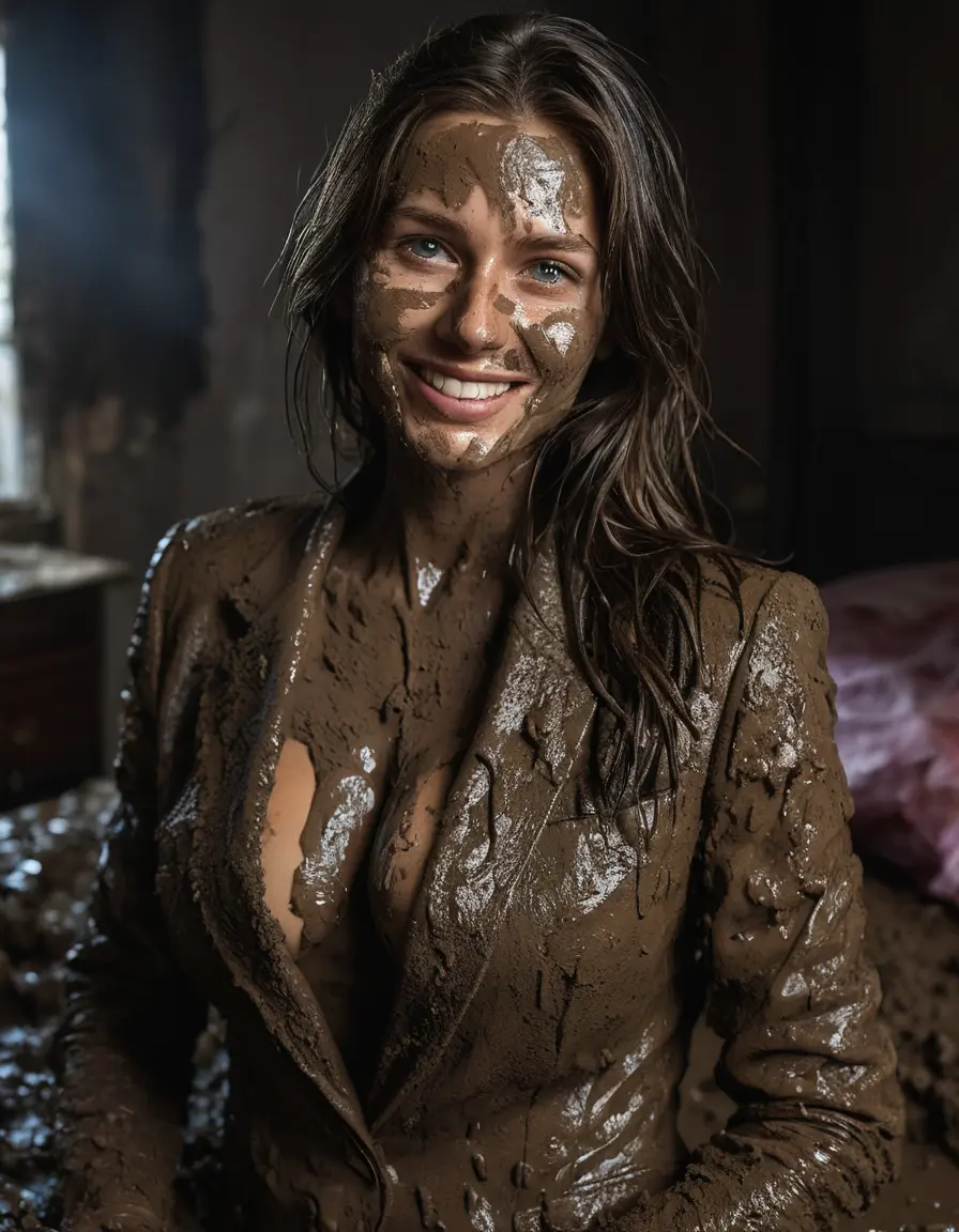 photo of young woman, in soaking wet, drenched clothes,
Muddy high heels, Long very muddy suit pants, Full muddy ruined fully-opened blazer like a fancy uniform over topless with exposed clean boobs., Muddy party in a dark muddy indoor bedroom. Mud splashed walls with mud-flooded floor. Dark mood lighting with pink and blue neon lights. Muddy furnitures and mud-covered bed.., 
enjoying, wet clothes stuck to body,
detailed textures of the wet clothes, wet face, wet plastered hair,
wet, drenched, professional, high-quality details, full body view.
sharp focus, ultra-high pixel detail, realistic, high-quality, full colors, incredibly detailed, 4k, 8k, 16k, hyper-realistic, RAW photo, masterpiece, ultra-detailed, professionally color graded, professional photograph, An elegant fifty years old classy skinny fit beautiful sexy big boobed business mature lady is seducted a young pretty cute small girl with small boobs and laying together in the muddy double bed while they are hugging each other. They are wearing their fully and heavily mud-covered opened suits and they are exposing their clean boobs. Thick mud on their blazers. Every small details of the clothes are muddy, but their faces and boobs are clean for the photo. Their blazer has the same colour as their muddy pants. They are proudly wearing their expensive open blazers and fhe woman flaunting her large clean boobs and large clean cleavage for the young girl. Focus on the boobs and cleavage. The classy elegant room is totally destroyed by mud, deep liquid mud on the bed, on the floor, mud spots everywhere, mud flows down on the walls, muddy pillows, muddy bedsheets. Straight very long open wavy hairstyle, muddy hair, smiling and beautiful clean faces, blue eyes, earrings, lipstick. The women and the girl enjoying to being total muddy on the bed, being sexy, naughty while they are enjoying the muddy fetish party. Realistic boobs and nipples and photorealistic detailed smiling facial expressions. Intimate close-up picture about the women from above. Close-up photo, highly realistic representation, ultra sharp focus, highly photorealistic detailed textures, highly photorealistic detailed facial features and expressions, highly photorealistic hands, highly emotional reactions, highly best quality, highly sharp photorealistic image, highly photorealistic details, full UHD resolution, 32 K, very high level of detail and image sharpness, zoomed in