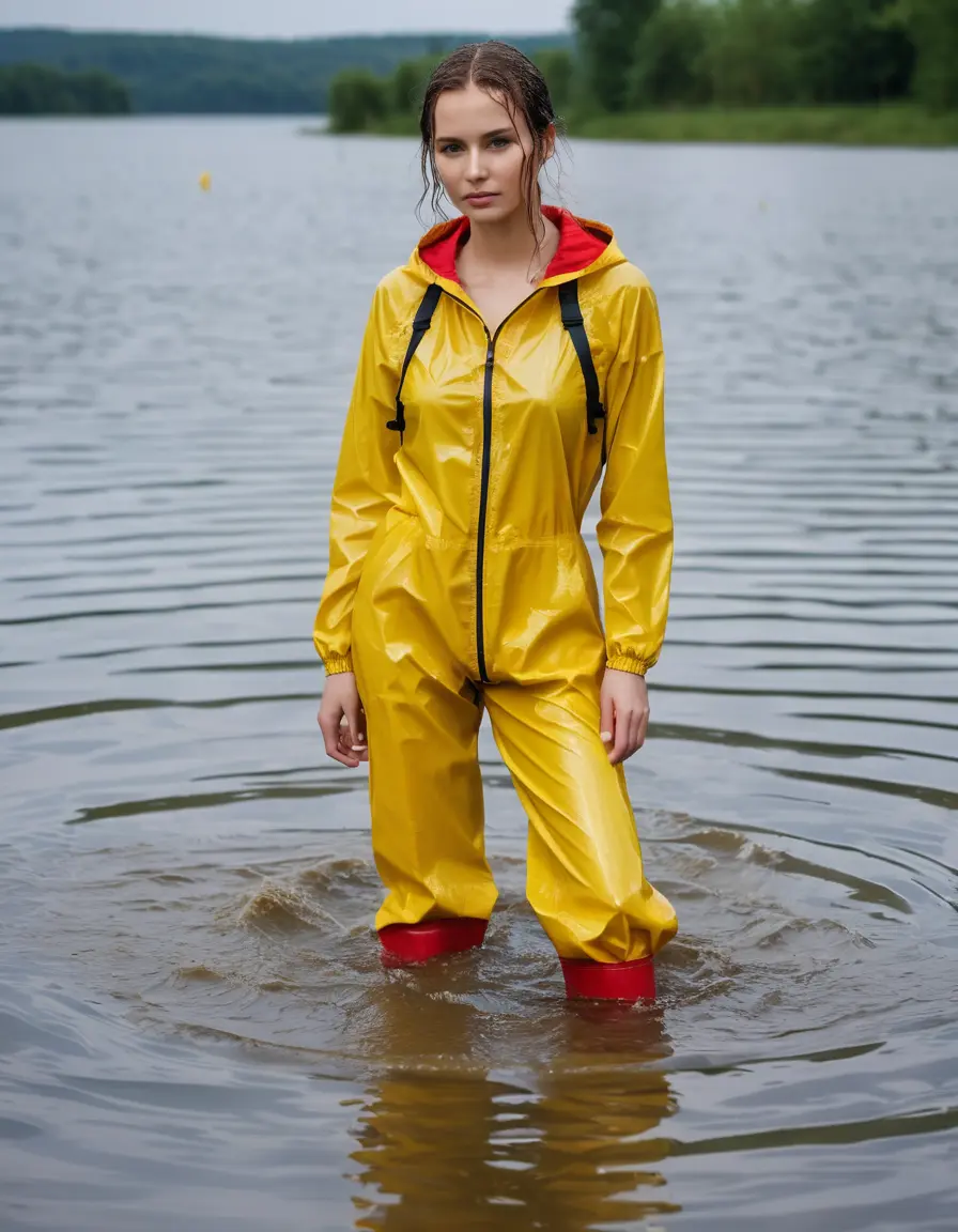 photo of young woman, in soaking wet, drenched clothes,
yellow wellies, long red shiny nylon rainpants, yellow thin nylon top sideboobs, wading in the lake, 
enjoying, wet clothes stuck to body,
detailed textures of the wet clothes, wet face, wet plastered hair,
wet, drenched, professional, high-quality details, full body view.
sharp focus, ultra-high pixel detail, realistic, high-quality, full colors, incredibly detailed, 4k, 8k, 16k, hyper-realistic, RAW photo, masterpiece, ultra-detailed, professionally color graded, professional photograph