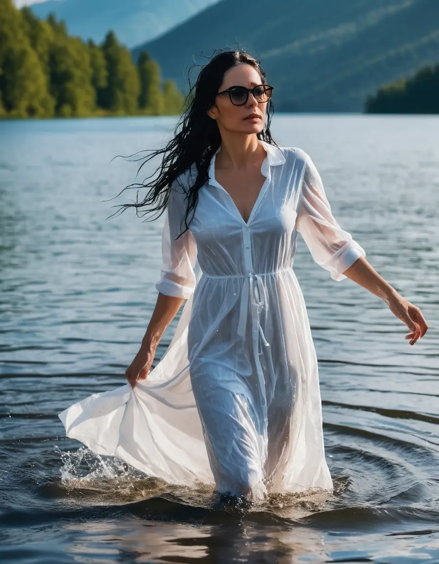 photo of young woman, in soaking wet, drenched clothes,
Sport shoes , maxi white dress, maxi white dress, walking in Sunny Deep lake, 
enjoying, wet clothes stuck to body,
detailed textures of the wet clothes, wet face, wet plastered hair,
wet, drenched, professional, high-quality details, full body view.
sharp focus, ultra-high pixel detail, realistic, high-quality, full colors, incredibly detailed, 4k, 8k, 16k, hyper-realistic, RAW photo, masterpiece, ultra-detailed, professionally color graded, professional photograph, woman 51 years old, long black hair, very big and thick lips, office light glasses, complete body, open mouth