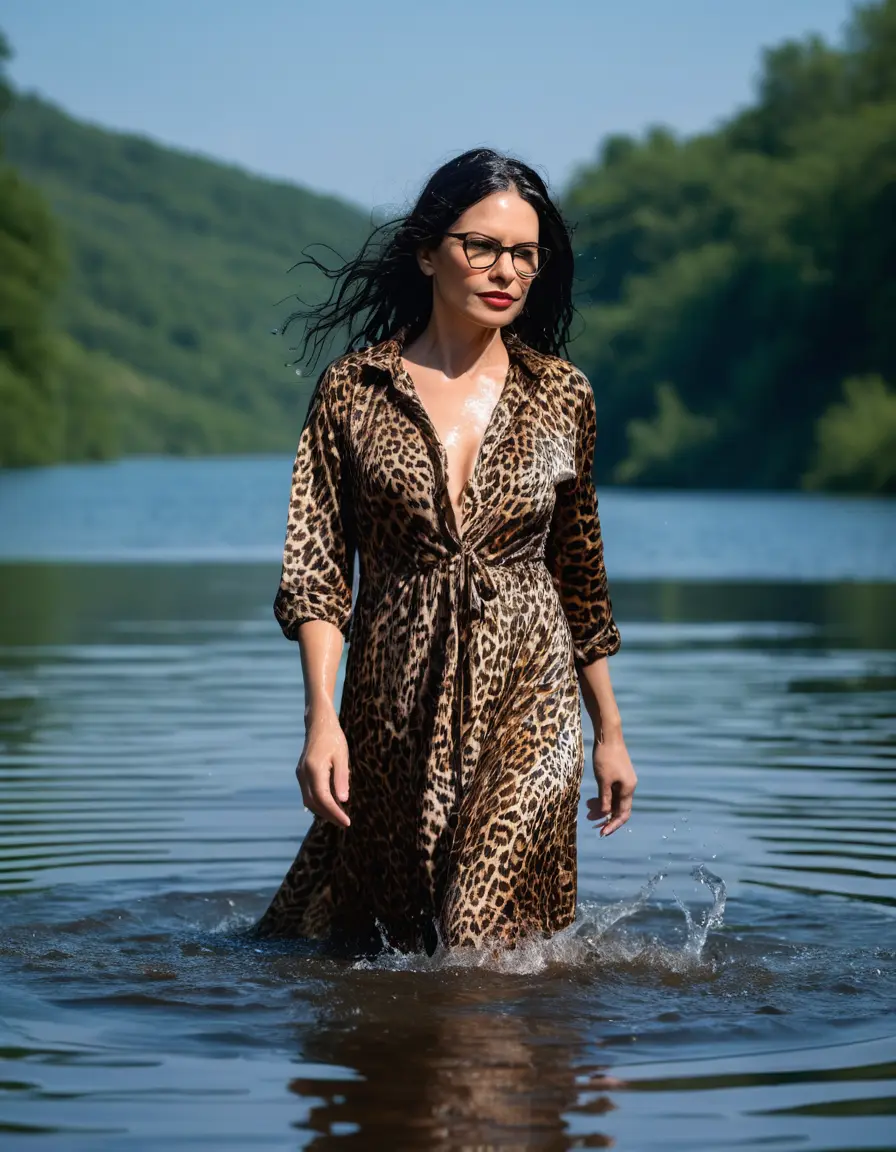 photo of young woman, in soaking wet, drenched clothes,
Sport shoes , maxi leopard printed dress, maxi leopard printed dress, walking in Sunny Deep lake, 
enjoying, wet clothes stuck to body,
detailed textures of the wet clothes, wet face, wet plastered hair,
wet, drenched, professional, high-quality details, full body view.
sharp focus, ultra-high pixel detail, realistic, high-quality, full colors, incredibly detailed, 4k, 8k, 16k, hyper-realistic, RAW photo, masterpiece, ultra-detailed, professionally color graded, professional photograph, woman 51 years old, long black hair, very big and thick lips, office light glasses, complete body, open mouth