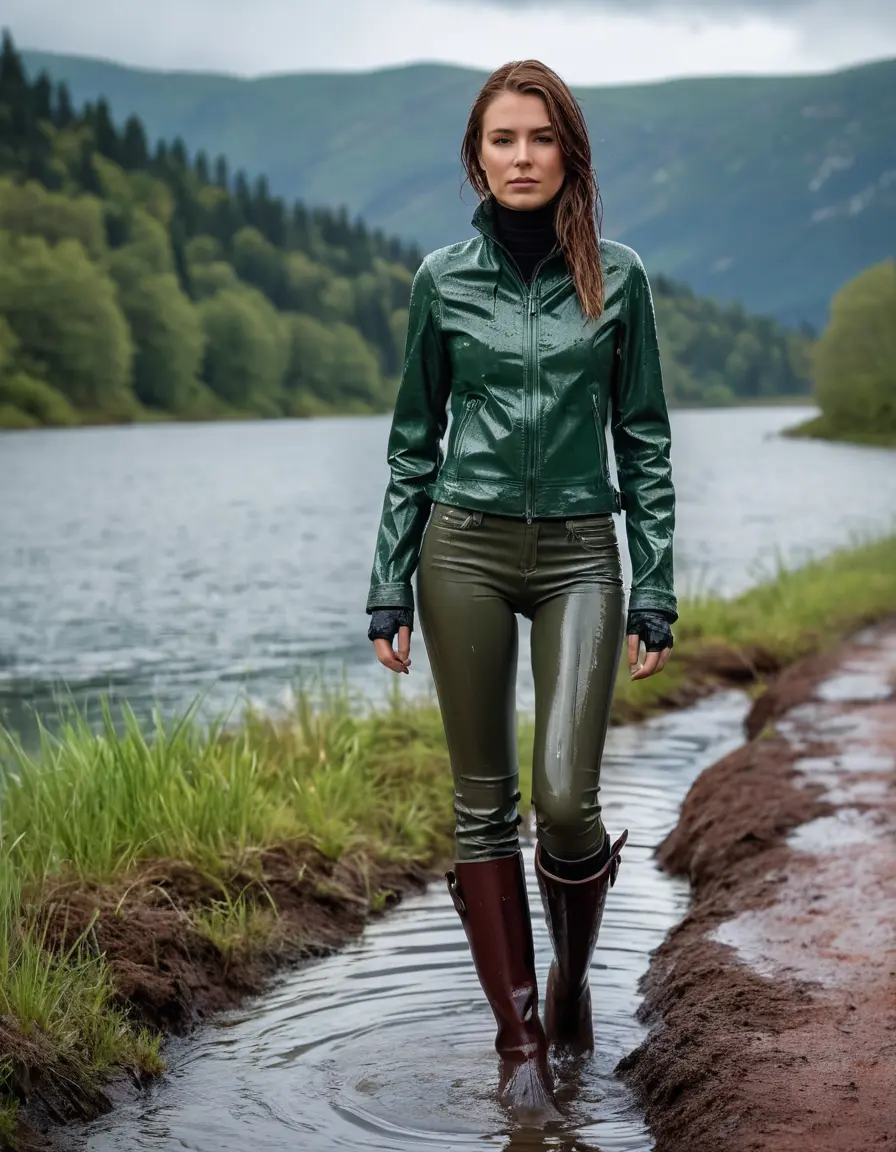 photo of young woman, in soaking wet, drenched clothes,
tight leather boots, skin red leather jeans, slim fit green biker leather jacket, tight black latex turtleneck sweater,, walking in the morning along a hiking path with a lake in the background, dirty, 
enjoying, wet clothes stuck to body,
detailed textures of the wet clothes, wet face, wet plastered hair,
wet, drenched, professional, high-quality details, full body view.
sharp focus, ultra-high pixel detail, realistic, high-quality, full colors, incredibly detailed, 4k, 8k, 16k, hyper-realistic, RAW photo, masterpiece, ultra-detailed, professionally color graded, professional photograph, white woman, long dripping wet brown hair