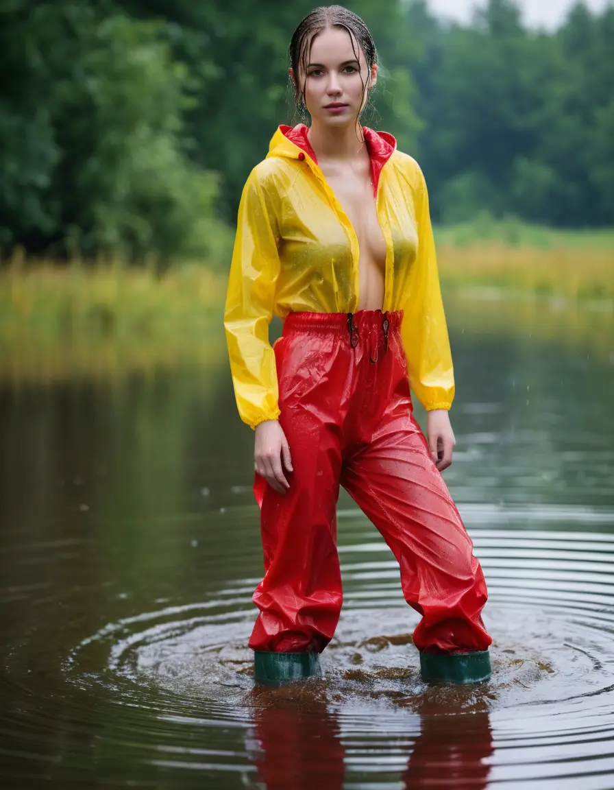 photo of young woman, in soaking wet, drenched clothes,
red wellies, long red shiny nylon rainpants, yellow thin nylon top sideboobs, wading in the lake, 
enjoying, wet clothes stuck to body,
detailed textures of the wet clothes, wet face, wet plastered hair,
wet, drenched, professional, high-quality details, full body view.
sharp focus, ultra-high pixel detail, realistic, high-quality, full colors, incredibly detailed, 4k, 8k, 16k, hyper-realistic, RAW photo, masterpiece, ultra-detailed, professionally color graded, professional photograph