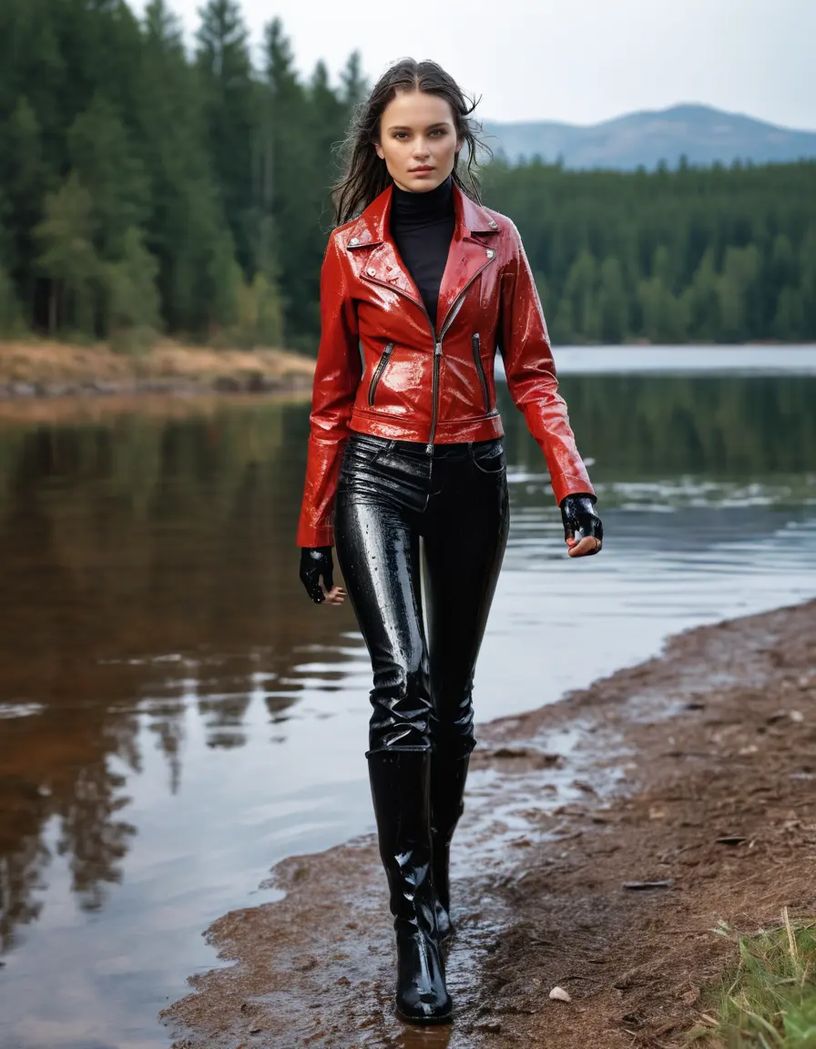 photo of young woman, in soaking wet, drenched clothes,
tight leather boots, skin yellow leather jeans, slim fit red biker leather jacket, tight black latex turtleneck sweater,, walking in the morning along a hiking path with a lake in the background, dirty, 
enjoying, wet clothes stuck to body,
detailed textures of the wet clothes, wet face, wet plastered hair,
wet, drenched, professional, high-quality details, full body view.
sharp focus, ultra-high pixel detail, realistic, high-quality, full colors, incredibly detailed, 4k, 8k, 16k, hyper-realistic, RAW photo, masterpiece, ultra-detailed, professionally color graded, professional photograph, white woman, long dripping wet brown hair