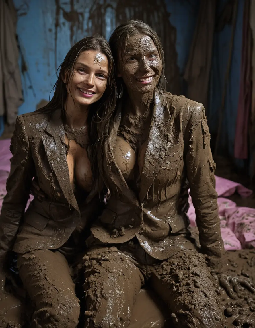 photo of young woman, in soaking wet, drenched clothes,
Muddy high heels, Long very muddy suit pants, Full muddy ruined fully-opened blazer like a fancy uniform over topless with exposed muddy boobs., Muddy party in a dark muddy indoor bedroom. Mud splashed walls with mud-flooded floor. Dark mood lighting with pink and blue neon lights. Muddy furnitures and mud-covered bed.., 
enjoying, wet clothes stuck to body,
detailed textures of the wet clothes, wet face, wet plastered hair,
wet, drenched, professional, high-quality details, full body view.
sharp focus, ultra-high pixel detail, realistic, high-quality, full colors, incredibly detailed, 4k, 8k, 16k, hyper-realistic, RAW photo, masterpiece, ultra-detailed, professionally color graded, professional photograph, An elegant fifty years old classy skinny fit beautiful sexy big boobed business mature lady is seducted a young pretty cute small girl with small boobs and laying together in the muddy double bed while they are hugging each other. They are wearing their fully and heavily mud-covered opened suits and they are exposing their muddy boobs. Thick mud on their blazers and deep open cleavages. Every small details of the old women are muddy. Their blazer has the same colour as their muddy pants. They are proudly wearing their expensive open blazers and fhe woman flaunting her muddy boobs and large muddy cleavage for the young girl. Focus on the muddy boobs and cleavage. The classy elegant room is totally destroyed by mud, deep liquid mud on the bed, on the floor, mud spots everywhere, mud flows down on the walls, muddy pillows, muddy bedsheets. Straight very long open wavy hairstyle, muddy hair, smiling and beautiful clean faces, blue eyes, earrings, lipstick. The women and the girl enjoying to being total muddy on the bed, being sexy, naughty while they are enjoying the muddy fetish party. Realistic muddy boobs and nipples and photorealistic detailed smiling facial expressions. Intimate close-up picture about the women from above. Close-up photo, highly realistic representation, ultra sharp focus, highly photorealistic detailed textures, highly photorealistic detailed facial features and expressions, highly photorealistic hands, highly emotional reactions, highly best quality, highly sharp photorealistic image, highly photorealistic details, full UHD resolution, 32 K, very high level of detail and image sharpness, zoomed in