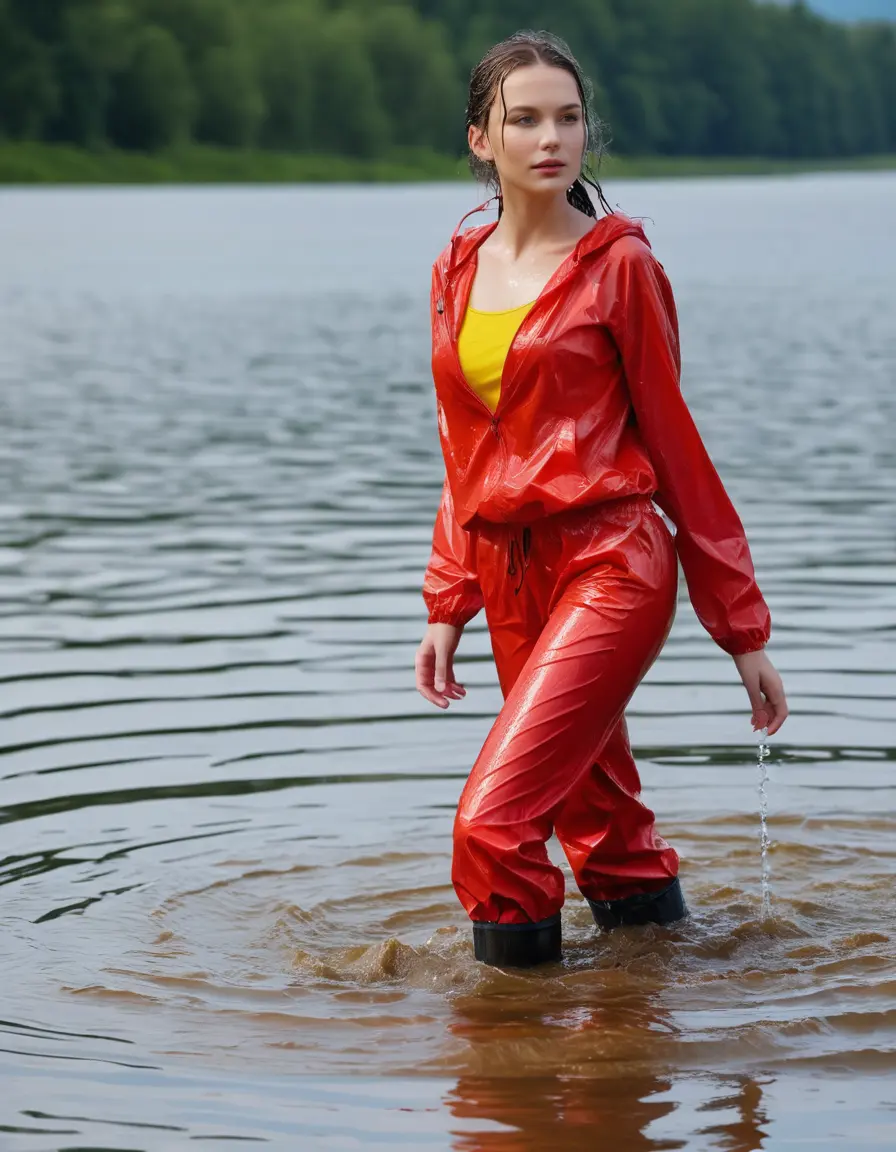 photo of young woman, in soaking wet, drenched clothes,
red wellies, long red shiny nylon rainpants, yellow thin nylon top sideboobs, wading in the lake, 
enjoying, wet clothes stuck to body,
detailed textures of the wet clothes, wet face, wet plastered hair,
wet, drenched, professional, high-quality details, full body view.
sharp focus, ultra-high pixel detail, realistic, high-quality, full colors, incredibly detailed, 4k, 8k, 16k, hyper-realistic, RAW photo, masterpiece, ultra-detailed, professionally color graded, professional photograph