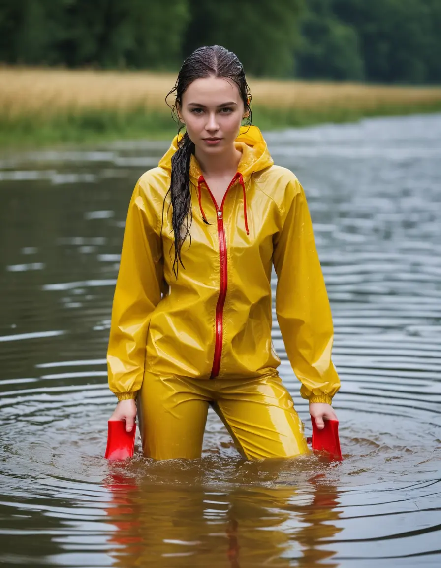 photo of young woman, in soaking wet, drenched clothes,
red wellies, long yellow shiny nylon rainpants, yellow thin nylon top, wading in the lake, 
enjoying, wet clothes stuck to body,
detailed textures of the wet clothes, wet face, wet plastered hair,
wet, drenched, professional, high-quality details, full body view.
sharp focus, ultra-high pixel detail, realistic, high-quality, full colors, incredibly detailed, 4k, 8k, 16k, hyper-realistic, RAW photo, masterpiece, ultra-detailed, professionally color graded, professional photograph