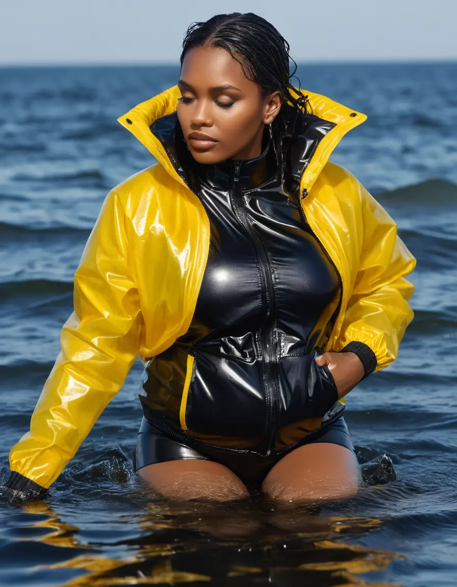 photo of young woman, in soaking wet, drenched clothes,
high heels, leather leggings, yellow transparent t-shirt, black wet shiny pvc puffer jacket, Swimming in sea, 
enjoying, wet clothes stuck to body,
detailed textures of the wet clothes, wet face, wet plastered hair,
wet, drenched, professional, high-quality details, full body view.
sharp focus, ultra-high pixel detail, realistic, high-quality, full colors, incredibly detailed, 4k, 8k, 16k, hyper-realistic, RAW photo, masterpiece, ultra-detailed, professionally color graded, professional photograph, 65 years old fat black mature, big boobs