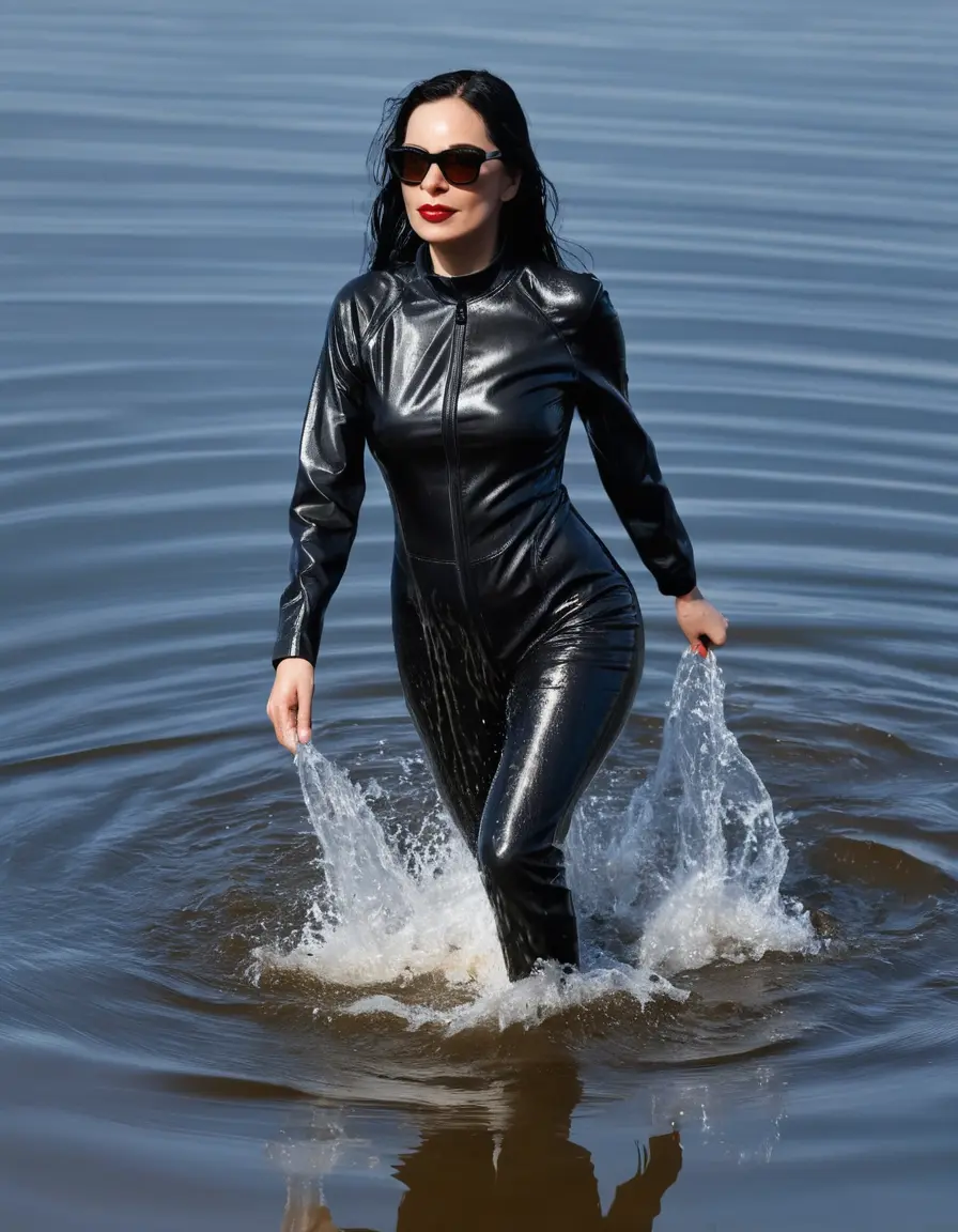 photo of young woman, in soaking wet, drenched clothes,
Sport shoes , long black leather catsuit, long black leather catsuit, walking in Sunny Deep lake, 
enjoying, wet clothes stuck to body,
detailed textures of the wet clothes, wet face, wet plastered hair,
wet, drenched, professional, high-quality details, full body view.
sharp focus, ultra-high pixel detail, realistic, high-quality, full colors, incredibly detailed, 4k, 8k, 16k, hyper-realistic, RAW photo, masterpiece, ultra-detailed, professionally color graded, professional photograph, woman 51 years old, long black hair, very big and thick lips, office light glasses, complete body, open mouth