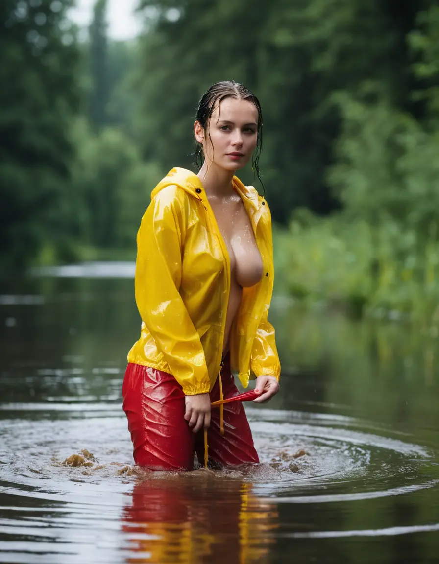 photo of young woman, in soaking wet, drenched clothes,
yellow wellies, long red shiny nylon rainpants, yellow thin nylon top sideboobs over bare breasts, wading in the lake, 
enjoying, wet clothes stuck to body,
detailed textures of the wet clothes, wet face, wet plastered hair,
wet, drenched, professional, high-quality details, full body view.
sharp focus, ultra-high pixel detail, realistic, high-quality, full colors, incredibly detailed, 4k, 8k, 16k, hyper-realistic, RAW photo, masterpiece, ultra-detailed, professionally color graded, professional photograph