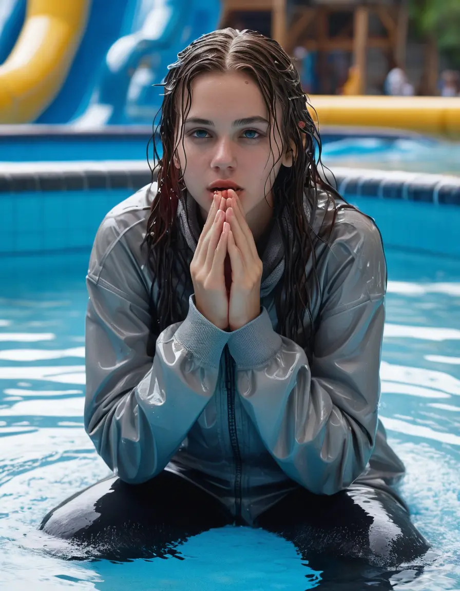 photo of young woman, in soaking wet, drenched clothes,
Dark Red and dark grey Hi-top converse all-stars, Black Pantyhose netted, white long-sleeve turtleneck, Fifteen years old brunette teenage girl and another teen girl holds her whole hand over her mouth and nose completely soaked and drenched submerged into a crowded public pool of a waterpark, one whispers a secret in the others ear, open mouth, big eyes, 
enjoying, wet clothes stuck to body,
detailed textures of the wet clothes, wet face, wet plastered hair,
wet, drenched, professional, high-quality details, full body view.
sharp focus, ultra-high pixel detail, realistic, high-quality, full colors, incredibly detailed, 4k, 8k, 16k, hyper-realistic, RAW photo, masterpiece, ultra-detailed, professionally color graded, professional photograph