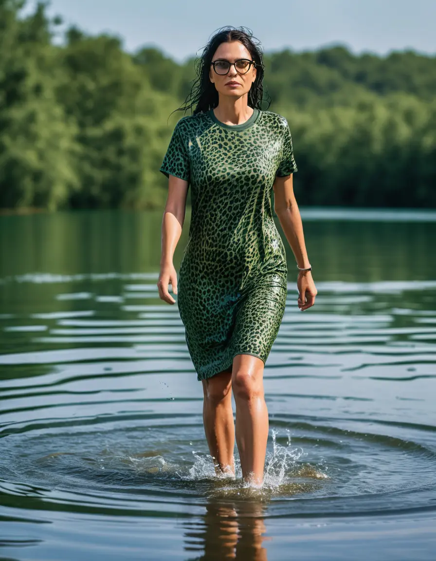 photo of young woman, in soaking wet, drenched clothes,
Sport shoes , midi green leopard printed t-shirt dress, midi green leopard printed t-shirt dress, walking in Sunny Deep lake, 
enjoying, wet clothes stuck to body,
detailed textures of the wet clothes, wet face, wet plastered hair,
wet, drenched, professional, high-quality details, full body view.
sharp focus, ultra-high pixel detail, realistic, high-quality, full colors, incredibly detailed, 4k, 8k, 16k, hyper-realistic, RAW photo, masterpiece, ultra-detailed, professionally color graded, professional photograph, woman 51 years old, long black hair, very big and thick lips, office light glasses, complete body, open mouth