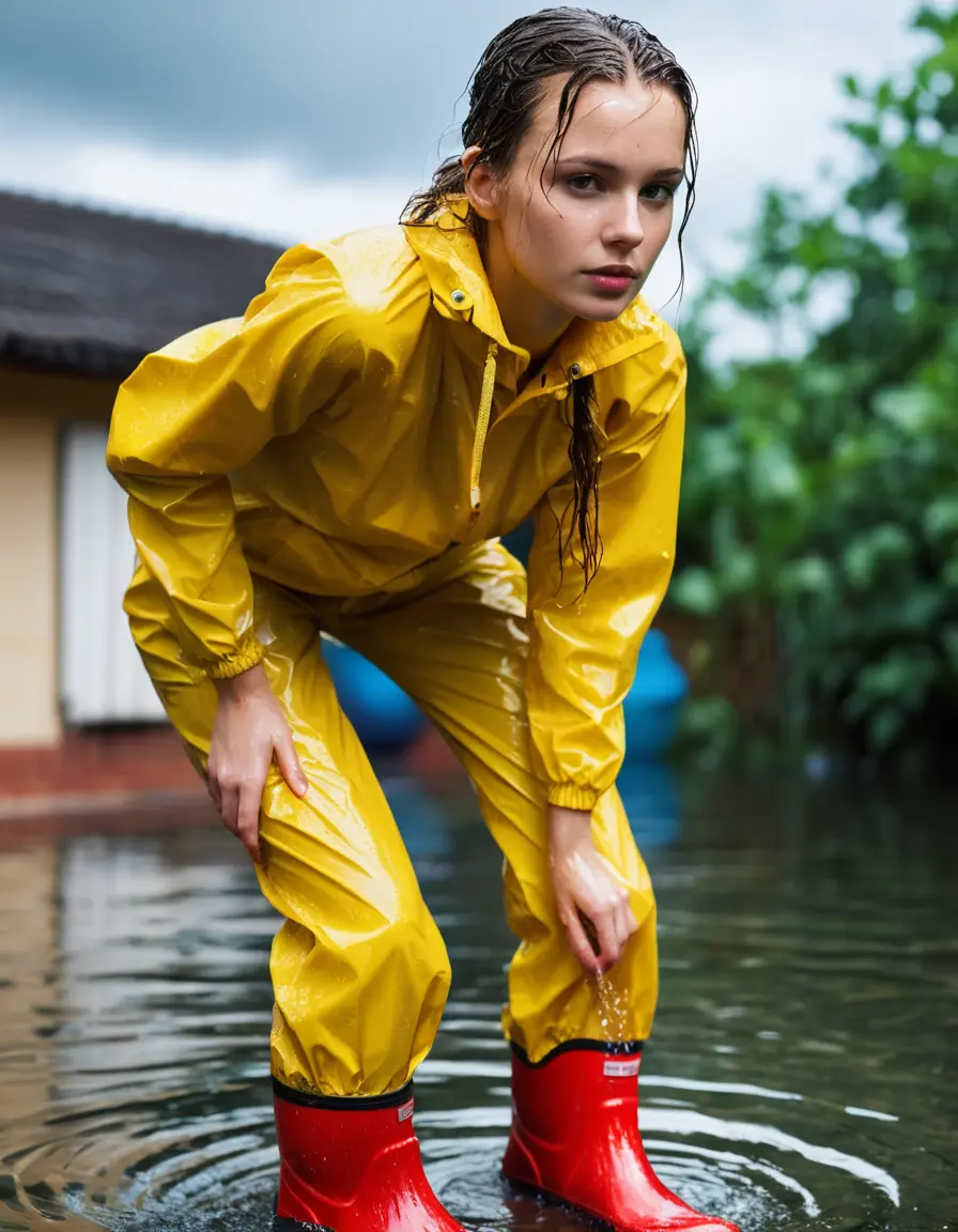 photo of young woman, in soaking wet, drenched clothes,
red wellies, yellow shiny nylon rainpants, yellow shiny nylon cargoule, pool, 
enjoying, wet clothes stuck to body,
detailed textures of the wet clothes, wet face, wet plastered hair,
wet, drenched, professional, high-quality details, full body view.
sharp focus, ultra-high pixel detail, realistic, high-quality, full colors, incredibly detailed, 4k, 8k, 16k, hyper-realistic, RAW photo, masterpiece, ultra-detailed, professionally color graded, professional photograph