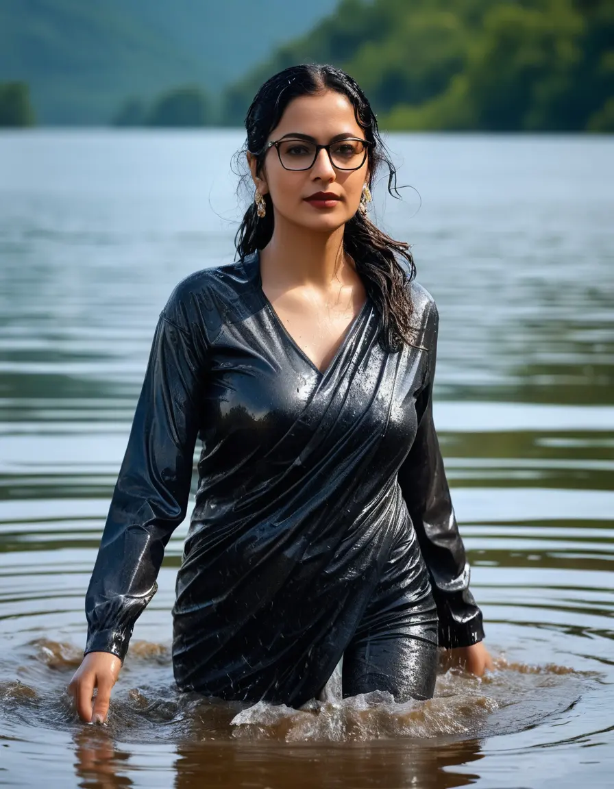 photo of young woman, in soaking wet, drenched clothes,
Sport shoes , wetlook saree, wetlook saree, walking in Sunny Deep lake, 
enjoying, wet clothes stuck to body,
detailed textures of the wet clothes, wet face, wet plastered hair,
wet, drenched, professional, high-quality details, full body view.
sharp focus, ultra-high pixel detail, realistic, high-quality, full colors, incredibly detailed, 4k, 8k, 16k, hyper-realistic, RAW photo, masterpiece, ultra-detailed, professionally color graded, professional photograph, woman 51 years old, medium black hair, very big and thick lips, office light glasses, complete body
